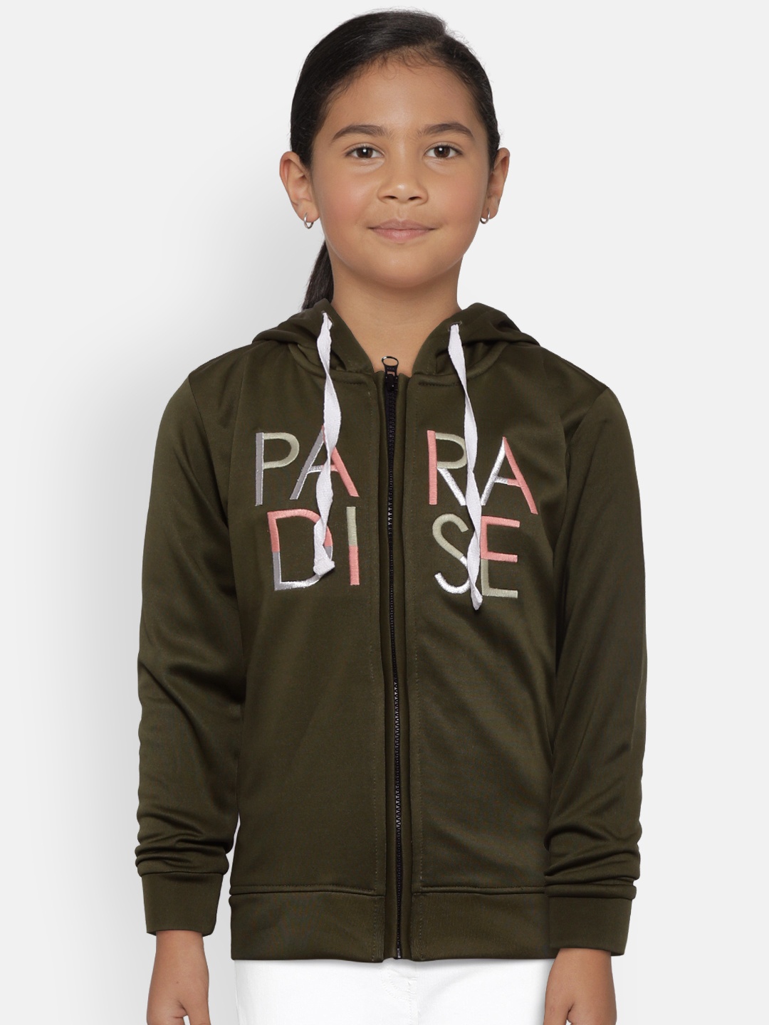 

Palm Tree Girls Olive Green Self Design Hooded Front-Open Sweatshirt