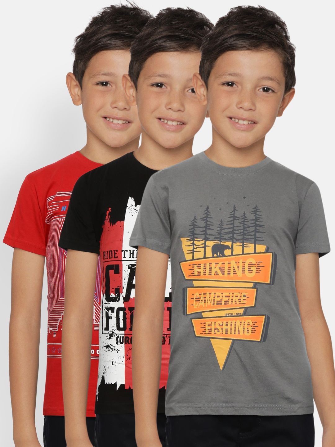 

Gini and Jony Boys Pack of 3 Printed Round Neck Pure Cotton T-shirts, Red