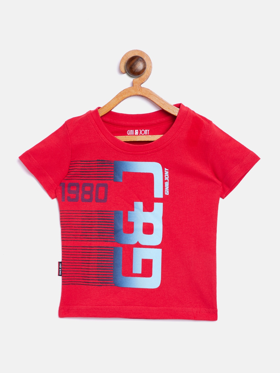 

Gini and Jony Boys Red Printed Round Neck Pure Cotton T-shirt