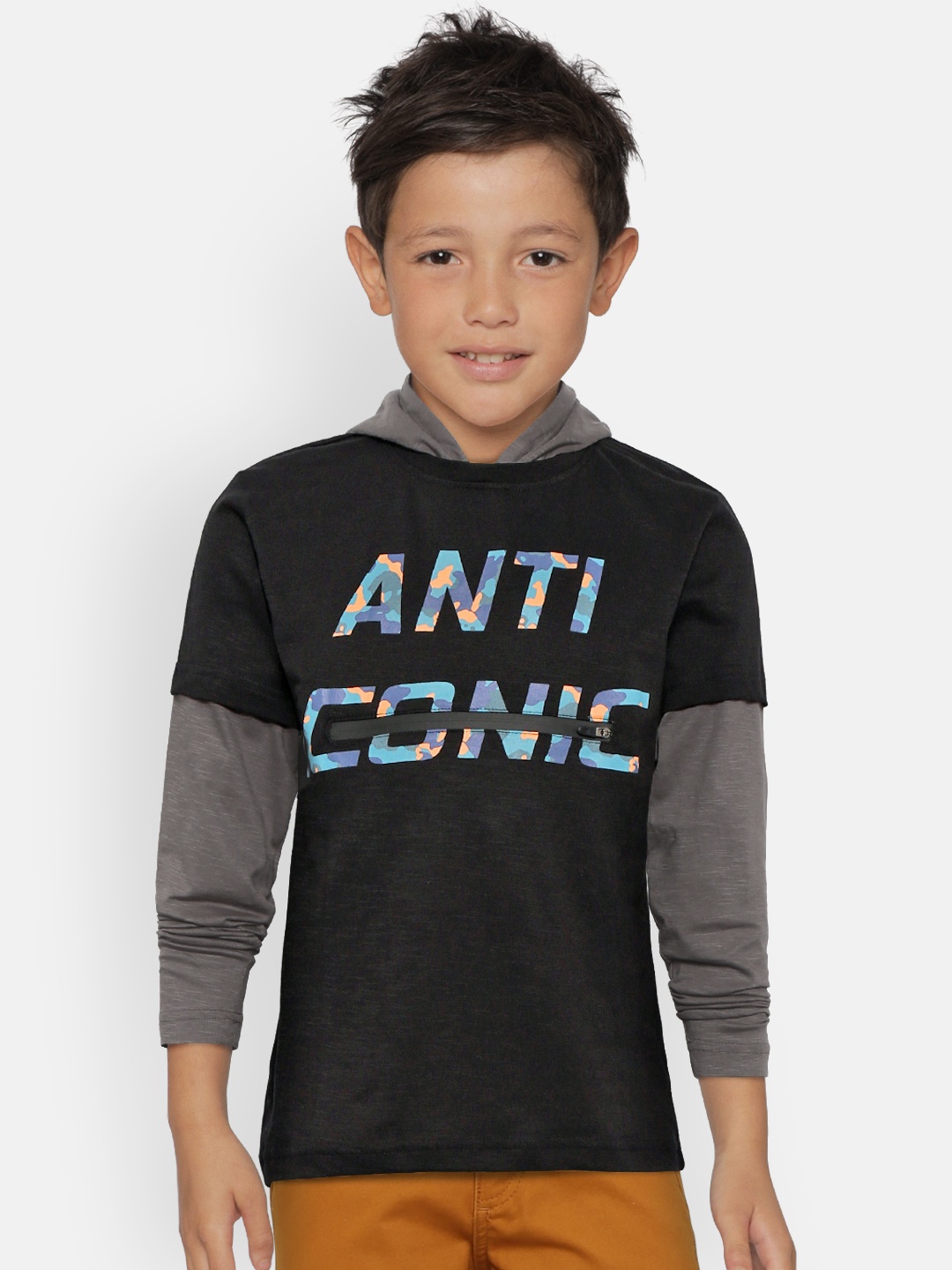 

Gini and Jony Boys Black Grey Printed Hooded Pure Cotton T-shirt