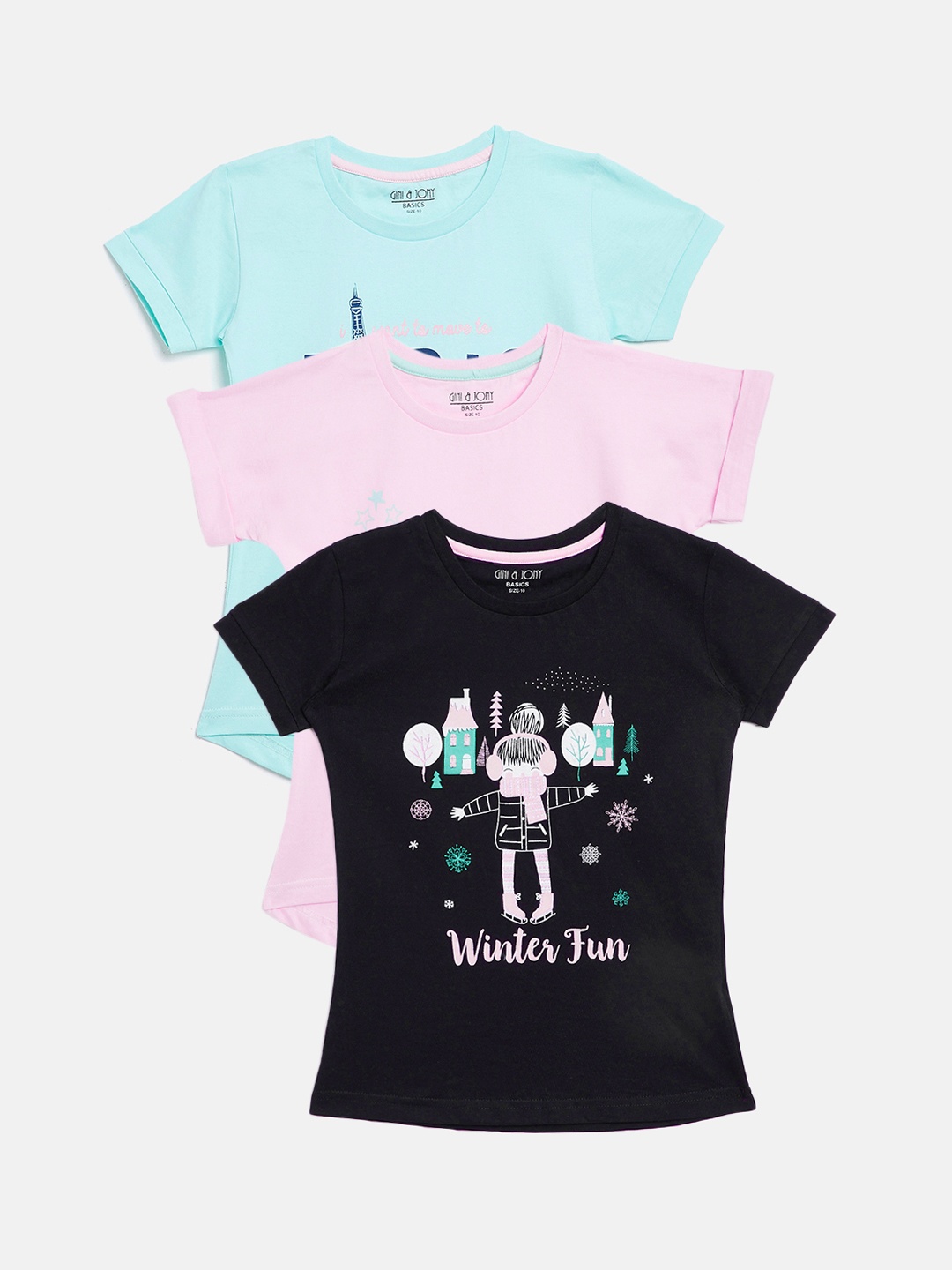 

Gini and Jony Girls Pack of 3 Printed Pure Cotton T-shirts, Pink