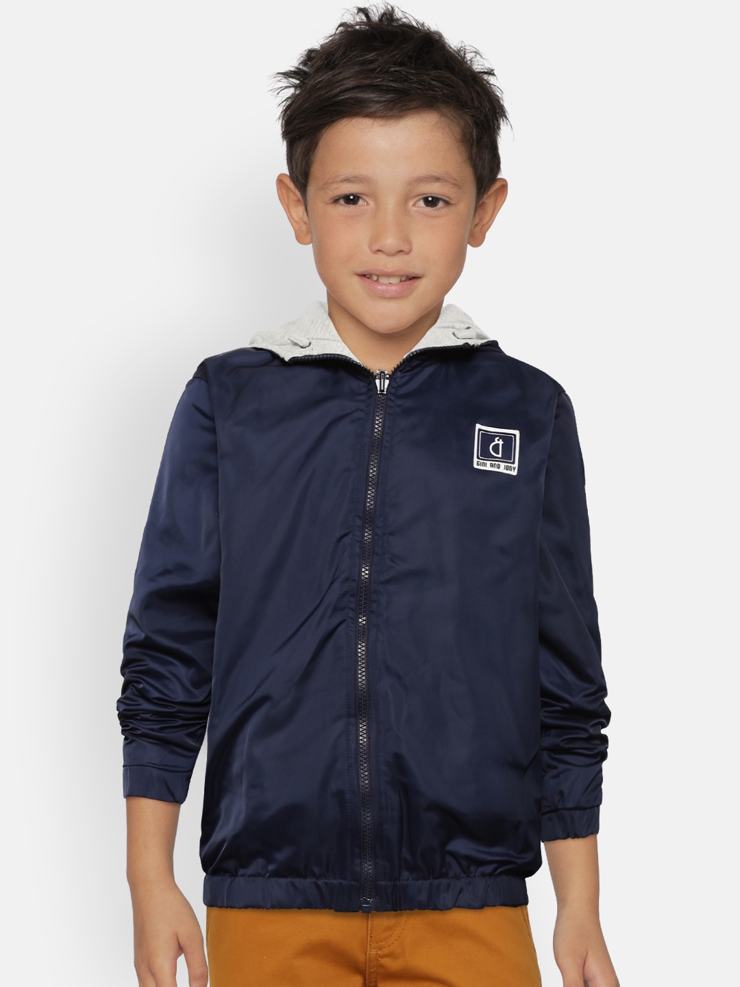 

Gini and Jony Boys Navy Blue & Grey Melange Solid Reversible Hooded Tailored Jacket