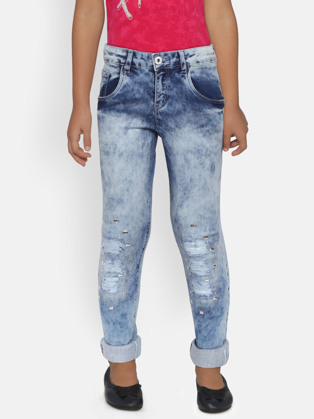 

Palm Tree Girls Blue Regular Fit Mid-Rise Mildly Distressed Acid Wash Stretchable Jeans