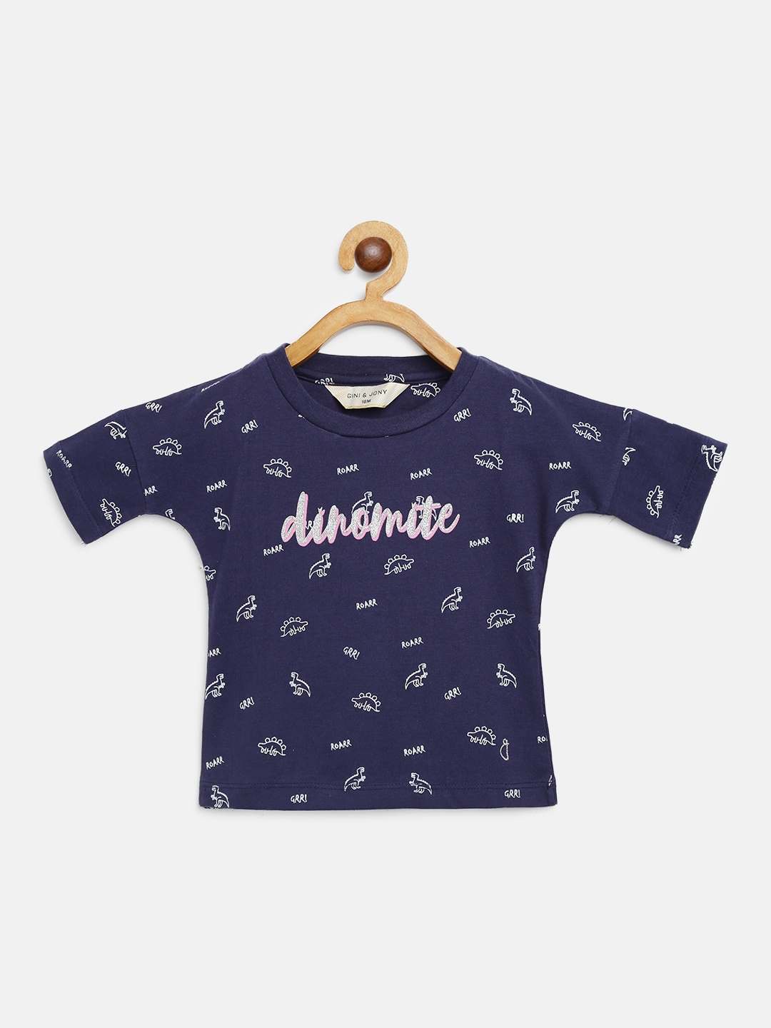 

Gini and Jony Infant Girls Navy Blue White Dinosaur Print Round Neck Pure Cotton T-shirt