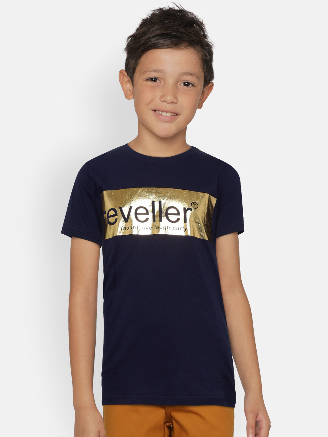 

Palm Tree Boys Navy Blue Golden Printed Round Neck Pure Cotton T-shirt
