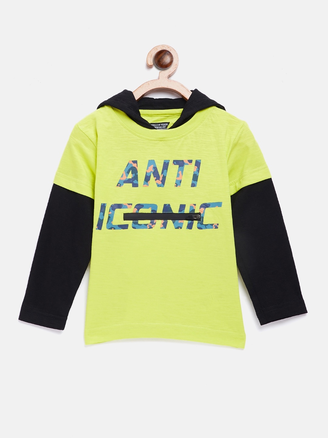 

Gini and Jony Boys Lime Green Black Printed Hooded Pure Cotton T-shirt