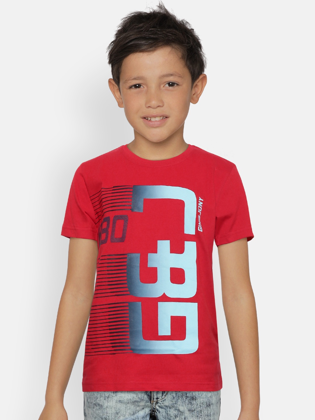 

Gini and Jony Boys Red Printed Round Neck Pure Cotton T-shirt