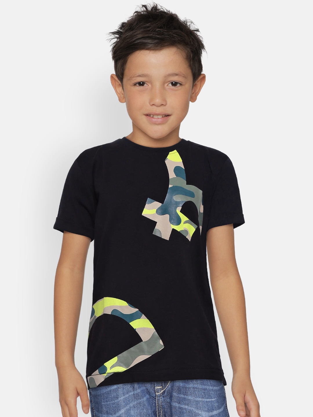 

Gini and Jony Boys Black Printed Round Neck Pure Cotton T-shirt