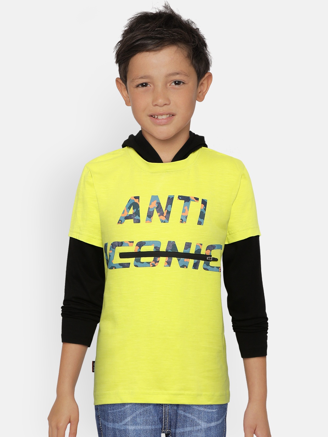 

Gini and Jony Boys Fluorescent Green Black Printed Hooded Pure Cotton T-shirt