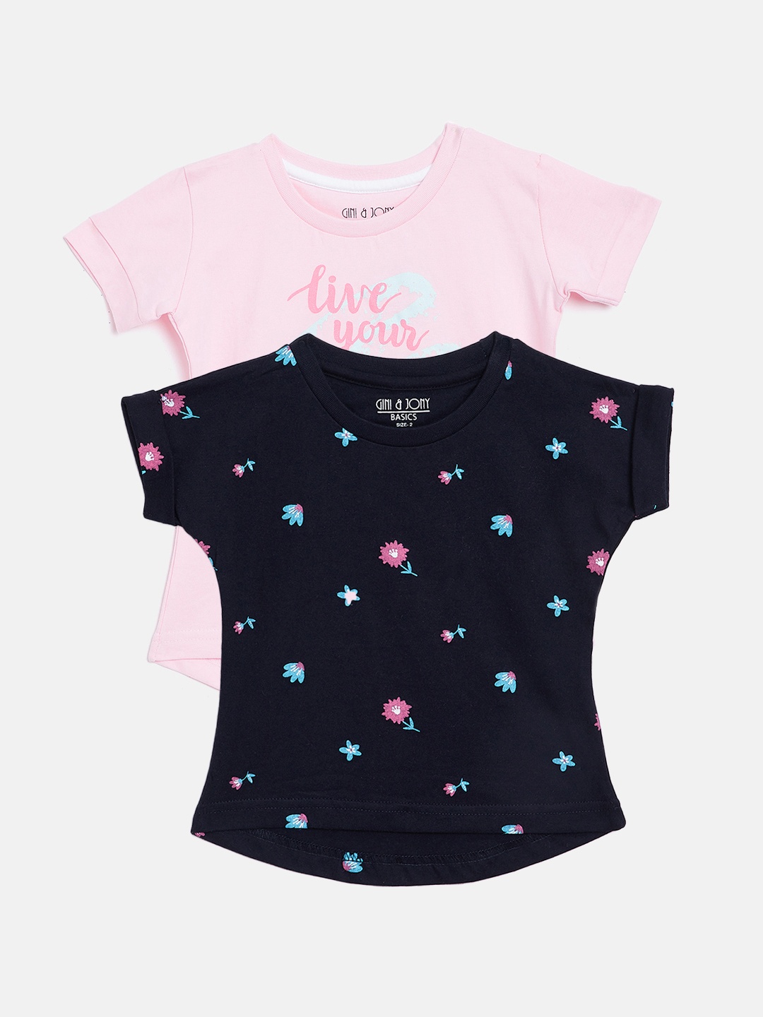 

Gini and Jony Girls Pack of 2 Printed Pure Cotton T-shirts, Navy blue