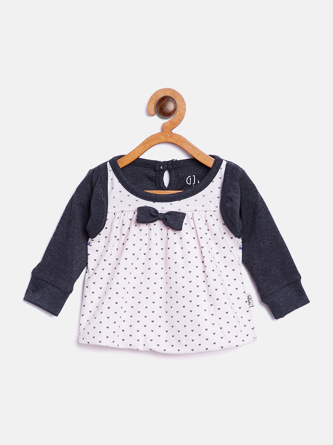 

Gini and Jony Girls Pink & Charcoal Grey Printed A-Line Pure Cotton Top