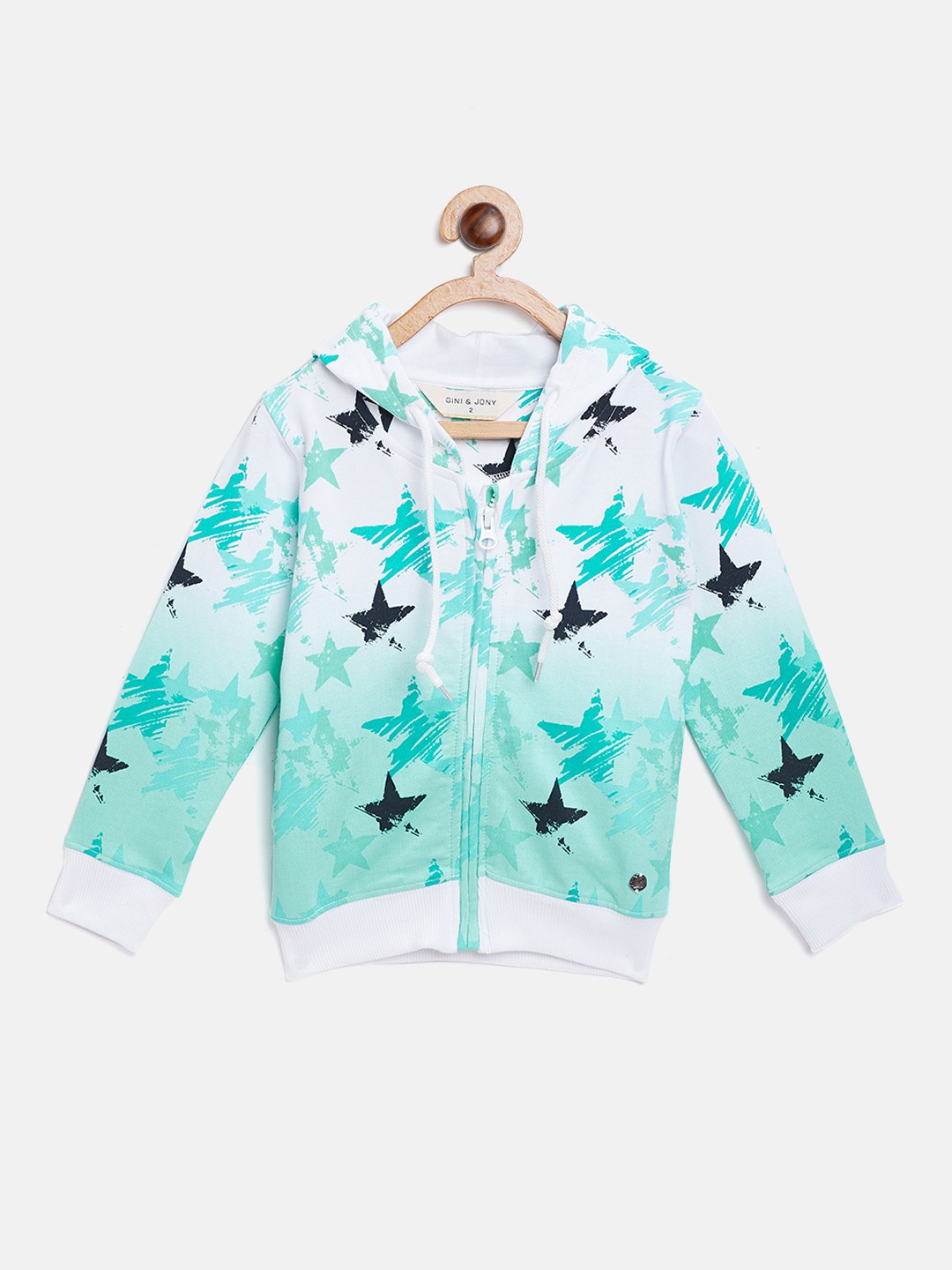 

Gini and Jony Girls Sea Green & White Printed Hooded Sweatshirt