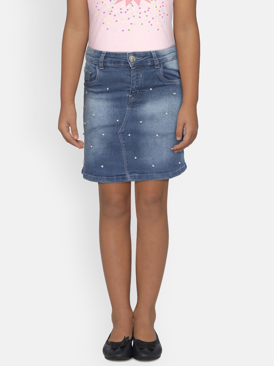 

Gini and Jony Girls Blue Washed Beaded Denim Mini A-Line Skirt