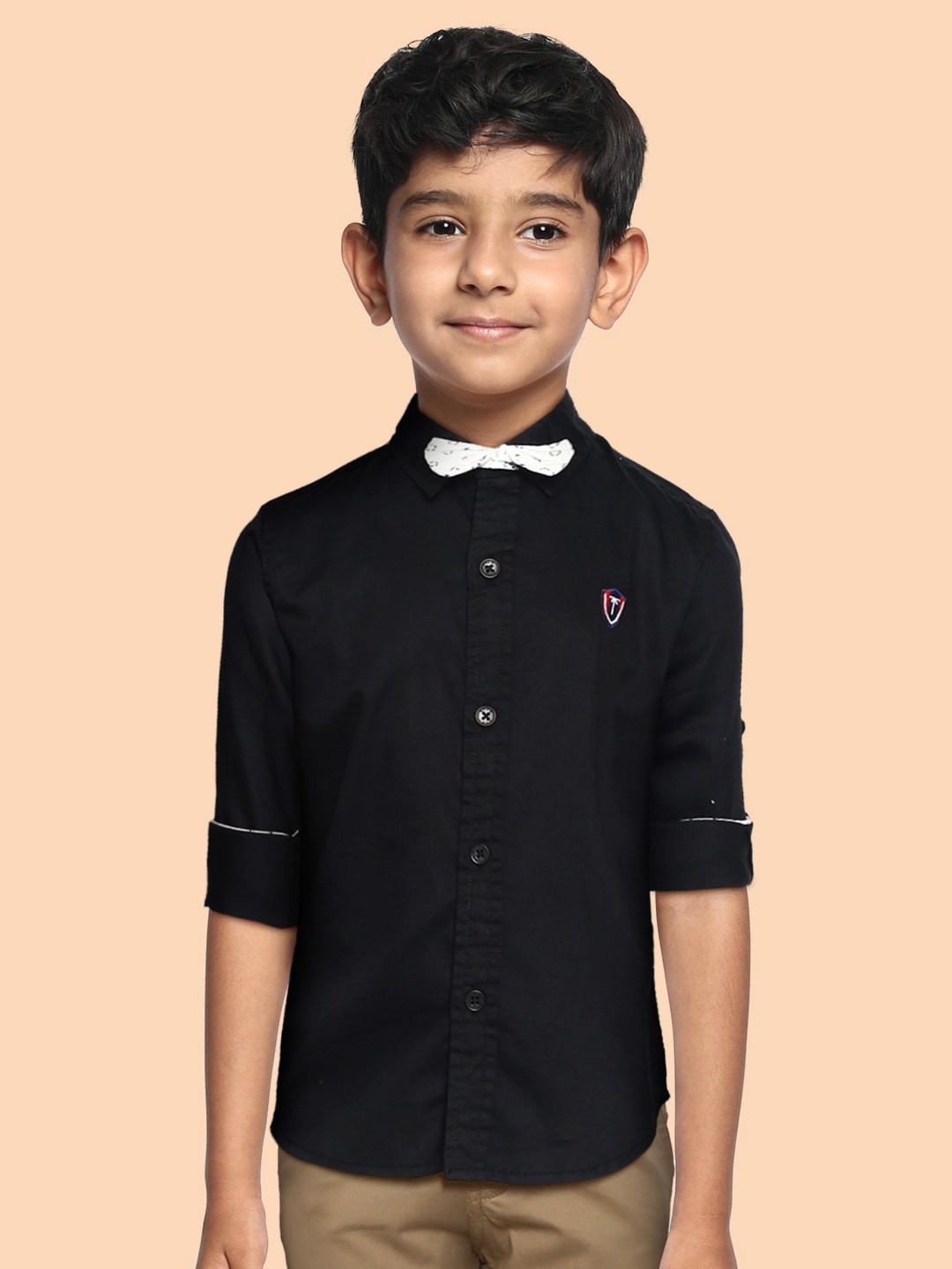 

Palm Tree Boys Black Regular Fit Solid Casual Shirt with Bow-Tie
