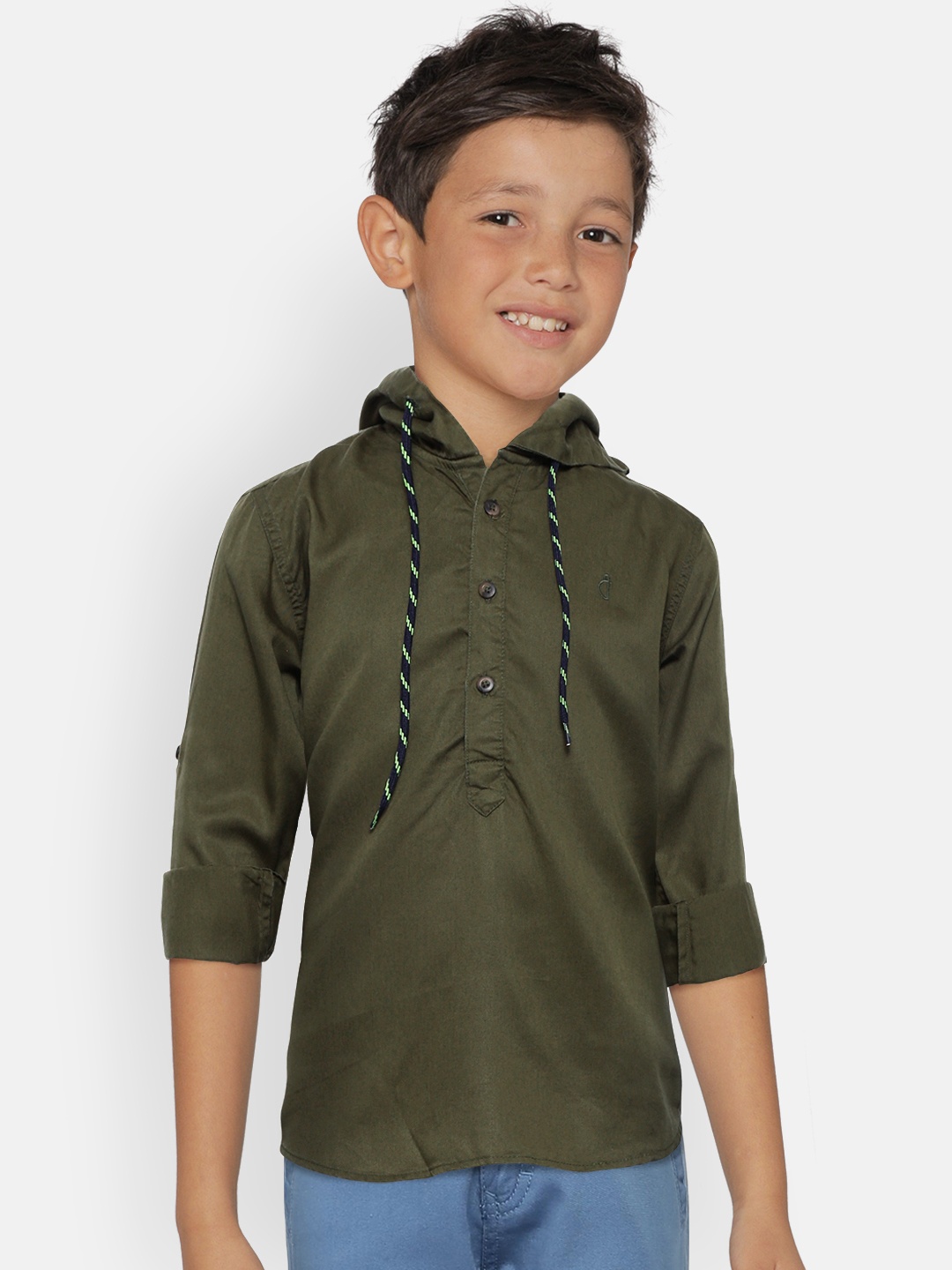 

Gini and Jony Boys Olive Green Regular Fit Hooded Casual Shirt