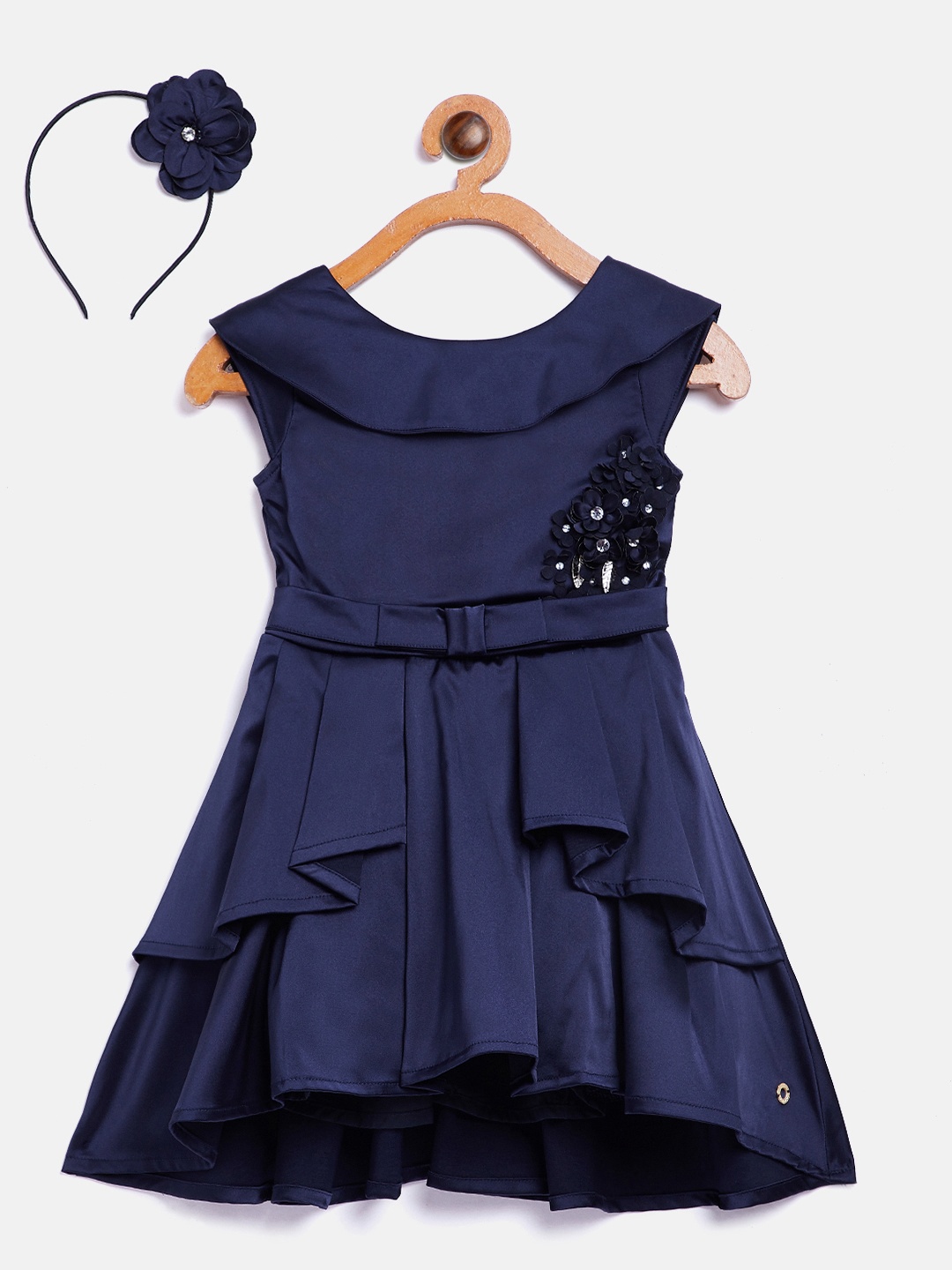 

Gini and Jony Girls Navy Blue Solid Layered Fit and Flare Dress with Hairband
