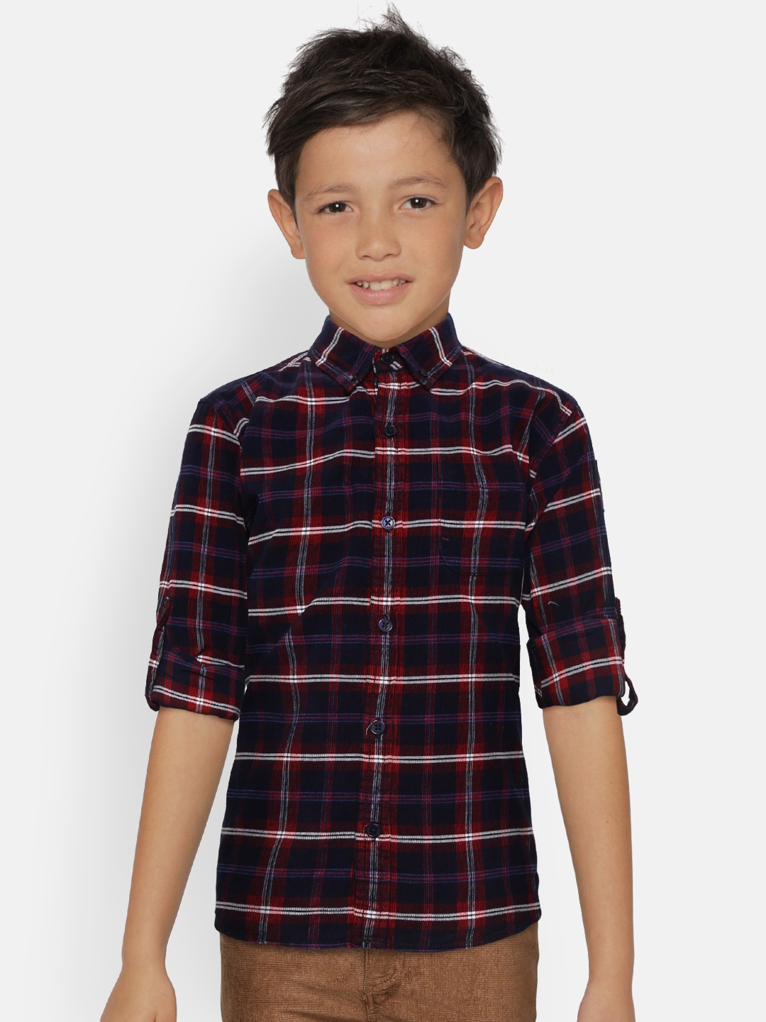 

Palm Tree Boys Navy Blue & Maroon Checked Corduroy Shirt