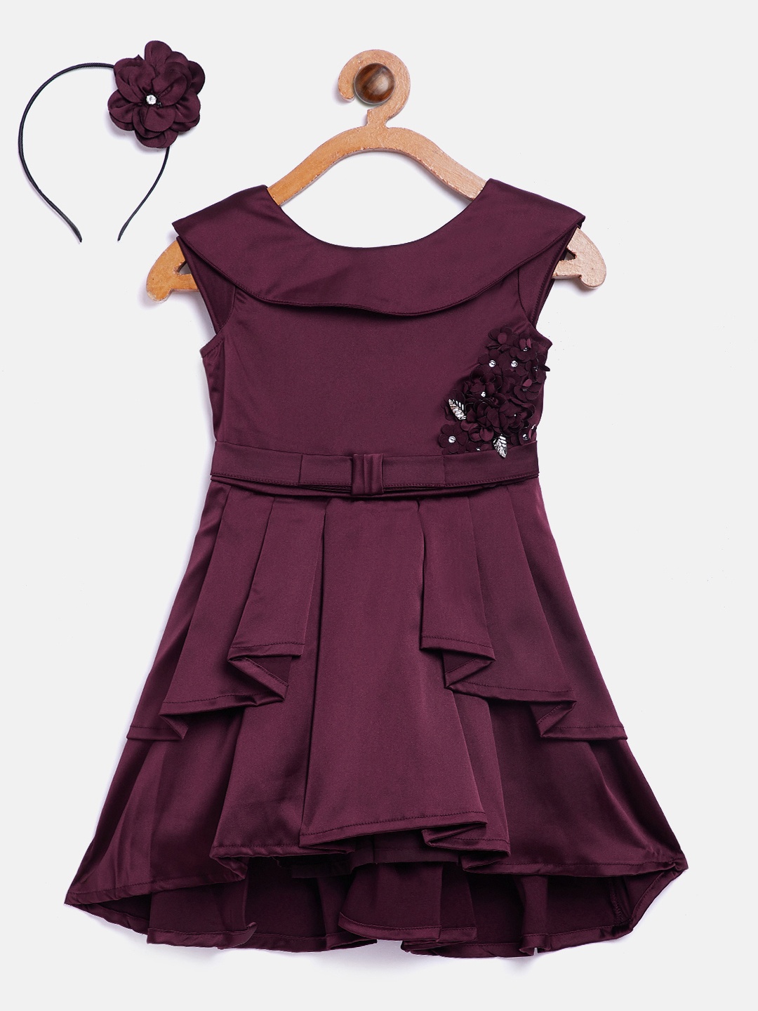 

Gini and Jony Girls Aubergine Solid Layered Fit and Flare Dress with Hairband, Burgundy