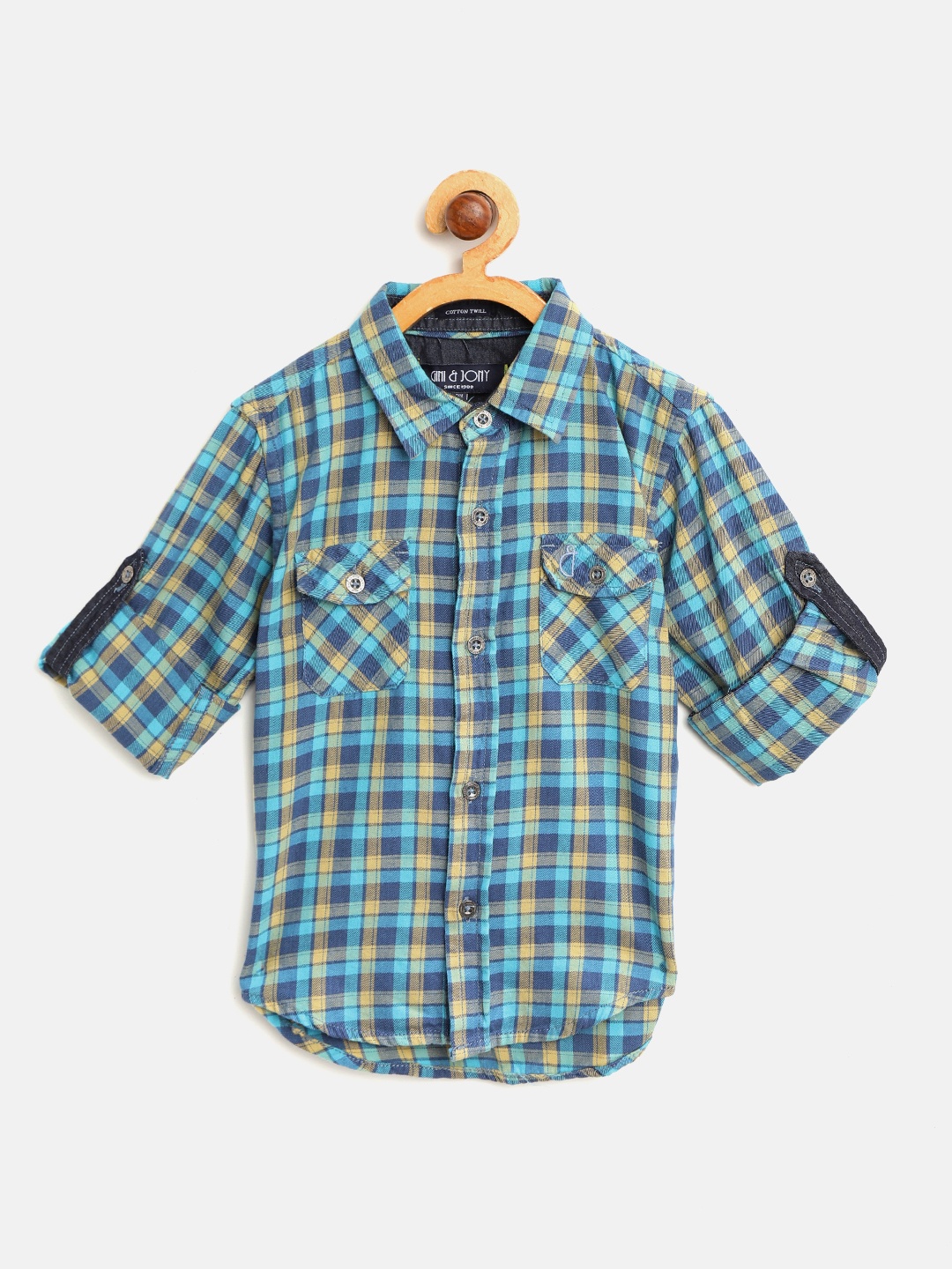 

Gini and Jony Boys Blue & Mustard Yellow Regular Fit Checked Casual Shirt