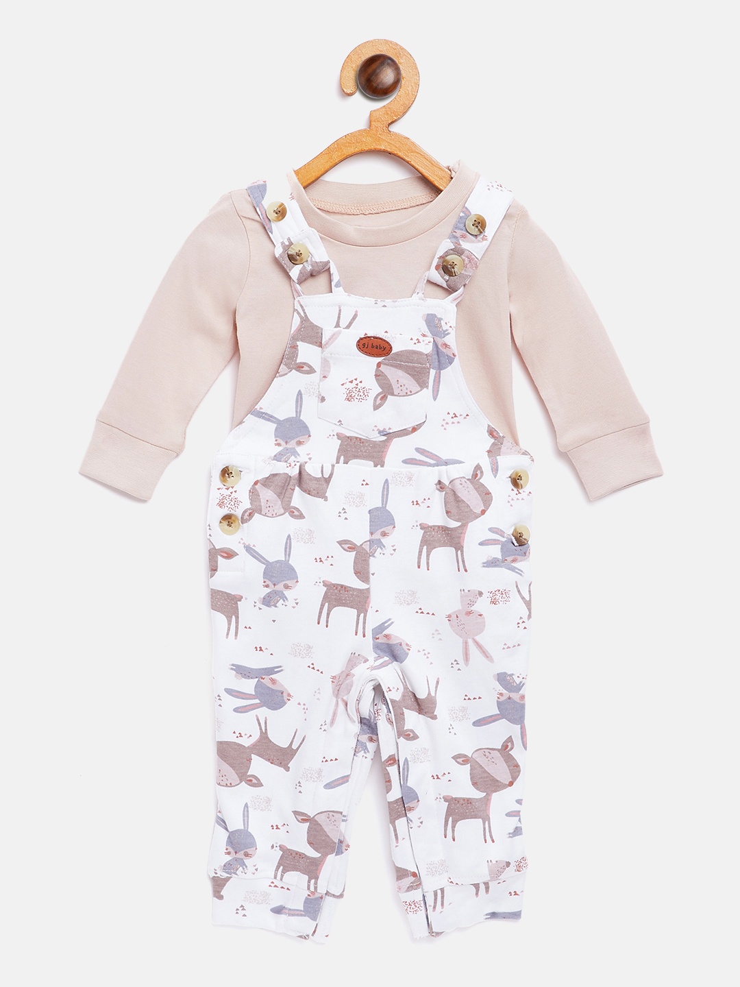 

Gini and Jony Girls White & Beige Solid T-shirt with Printed Dungarees