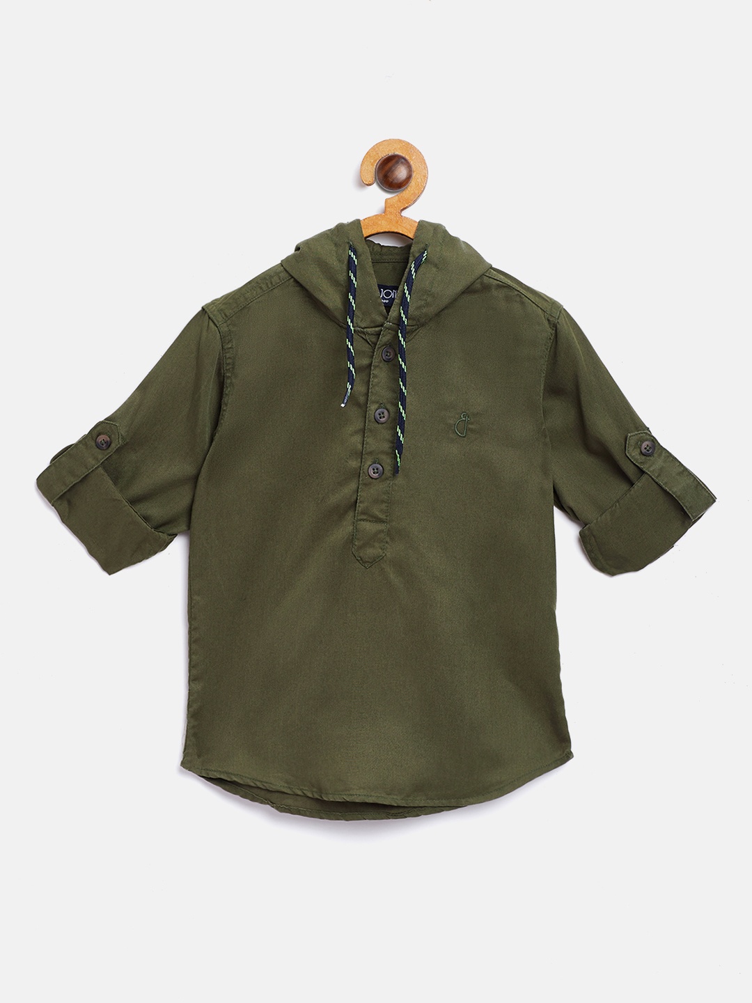 

Gini and Jony Boys Olive Green Regular Fit Solid Hooded Casual Shirt