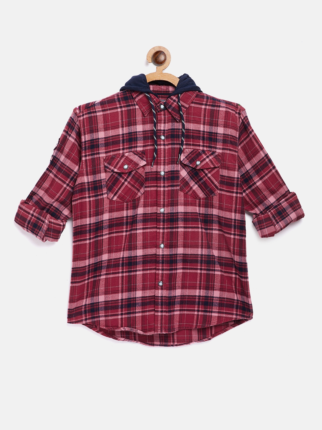 

Gini and Jony Boys Red & Navy Blue Regular Fit Checked Hooded Casual Shirt