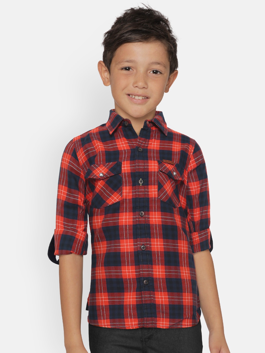 

Gini and Jony Boys Orange & Navy Blue Slim Fit Checked Casual Shirt with Printed Back