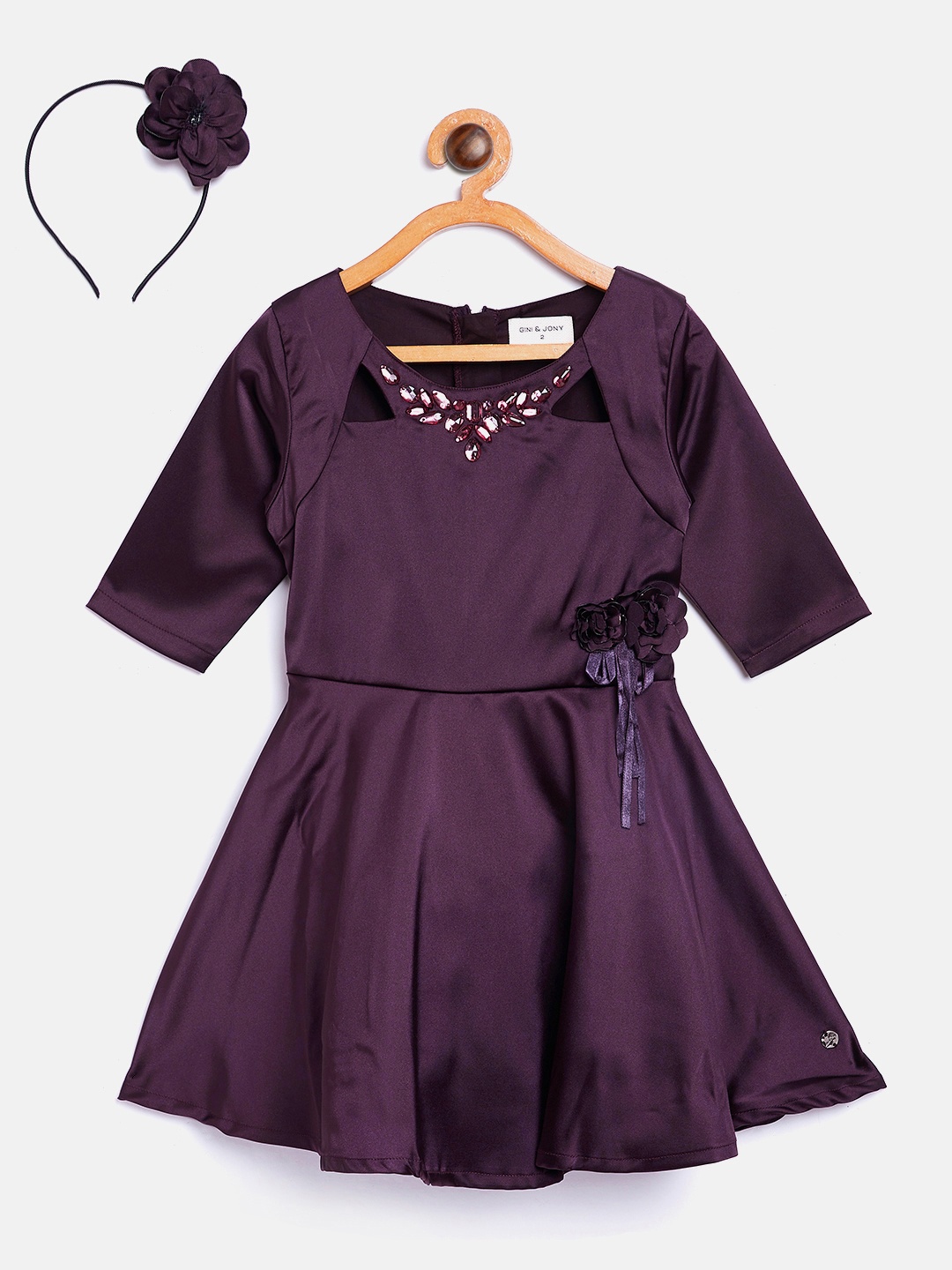 

Gini and Jony Girls Aubergine Solid Fit and Flare Dress with Hairband, Burgundy