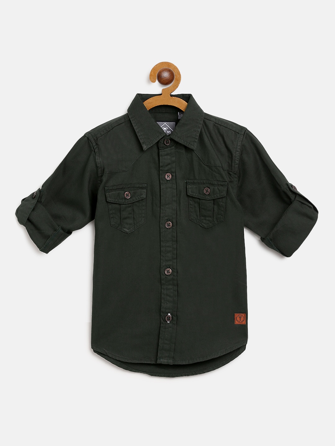 

Palm Tree Boys Olive Green Regular Fit Solid Casual Shirt