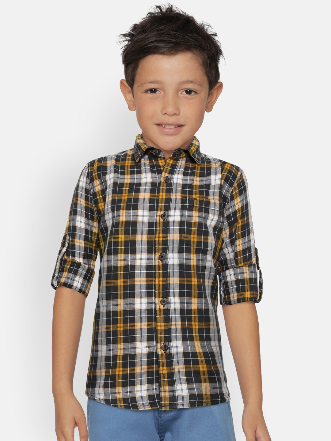 

Gini and Jony Boys Charcoal Grey & Mustard Yellow Regular Fit Checked Casual Shirt