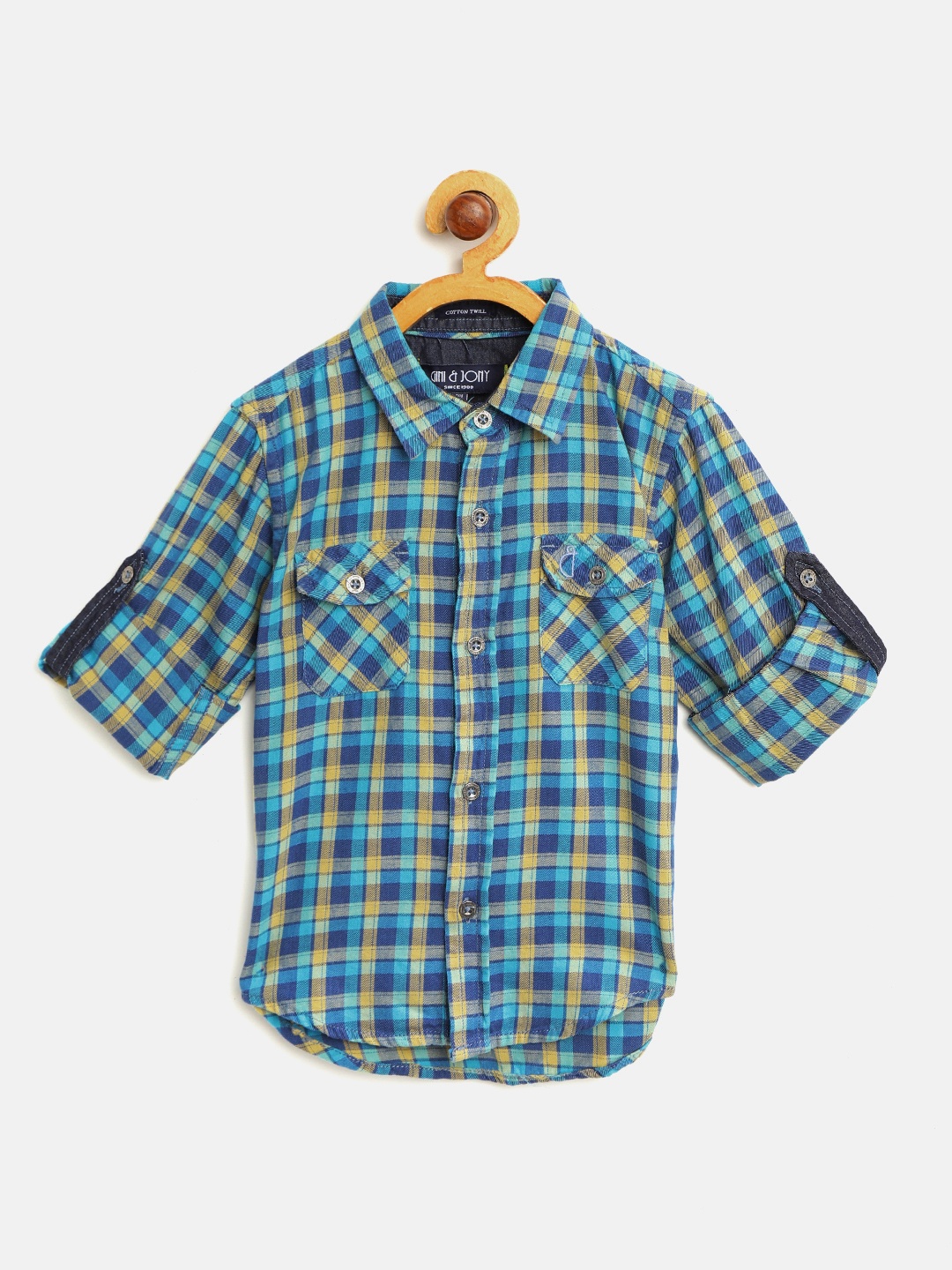 

Gini and Jony Boys Blue & Mustard Yellow Regular Fit Checked Casual Shirt