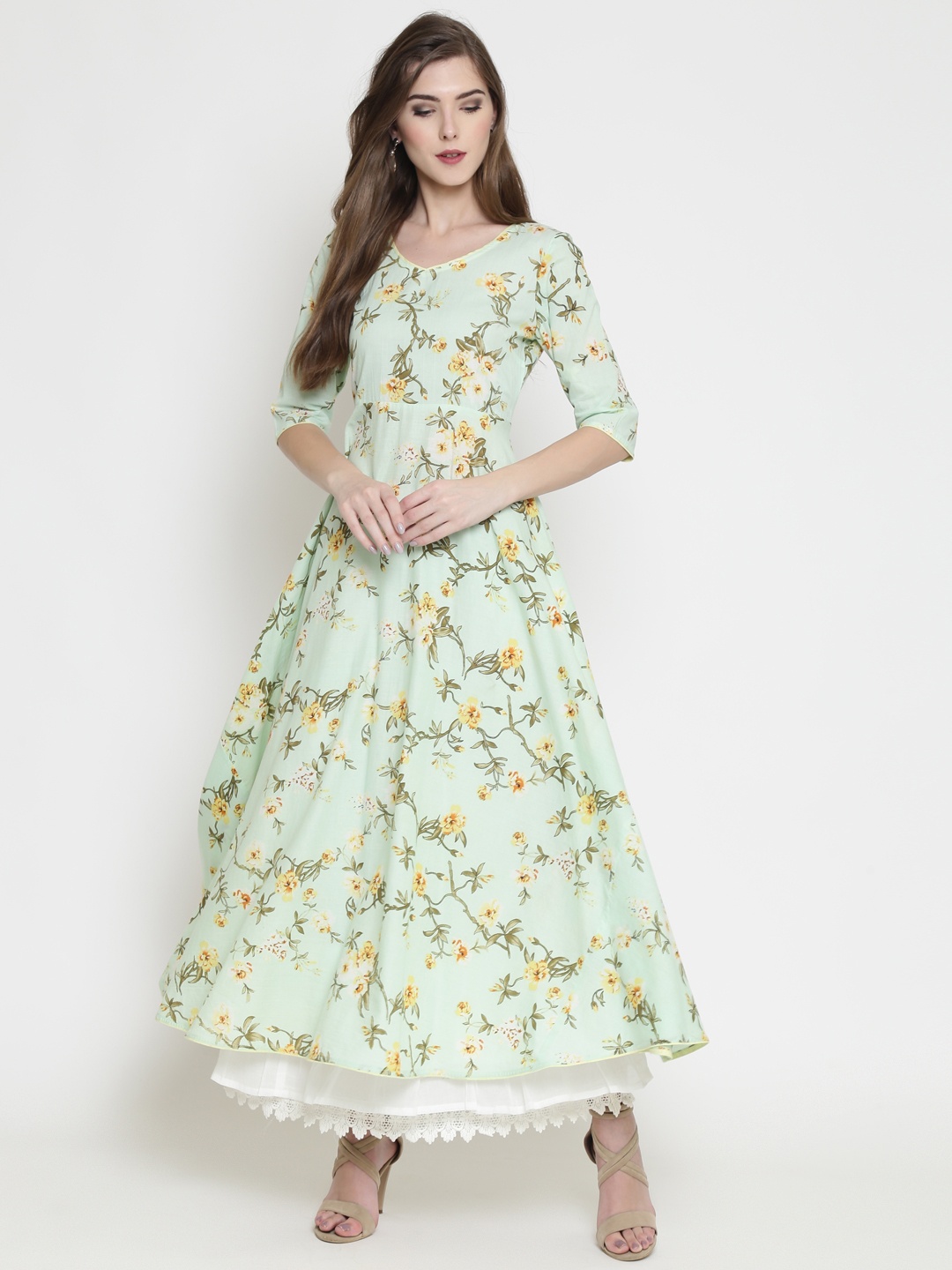 

Sera Women Sea Green & Off-White Printed Kurta with Skirt