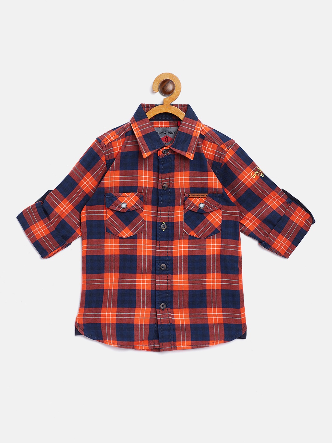 

Gini and Jony Boys Coral Orange & Navy Blue Regular Fit Checked Casual Shirt