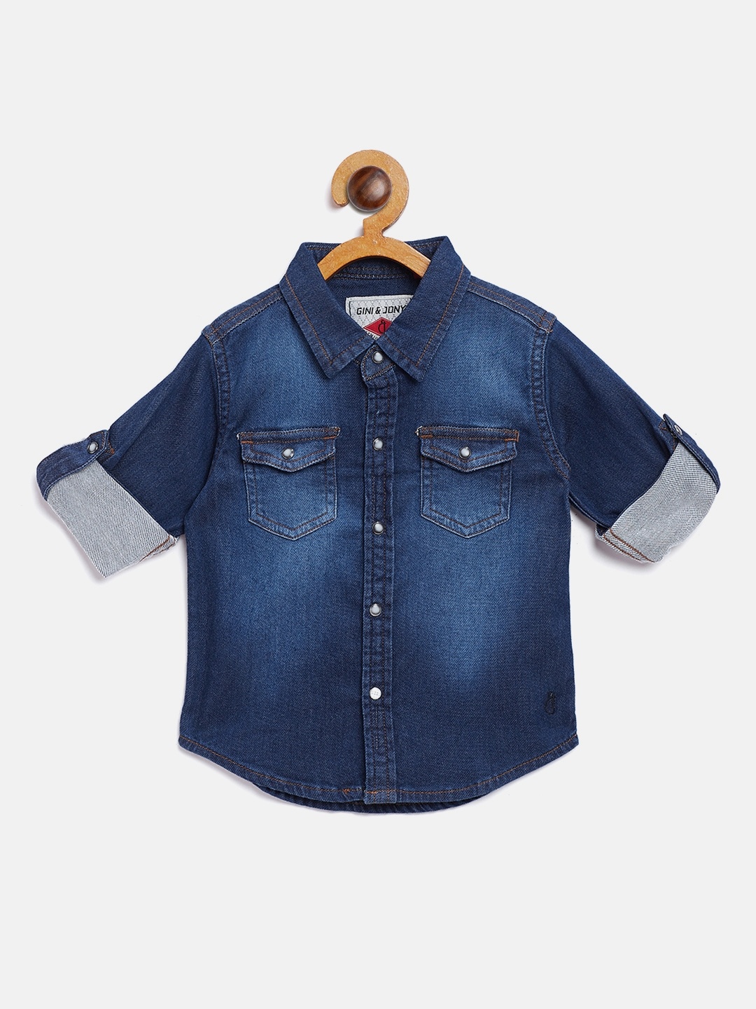 

Gini and Jony Boys Navy Blue Regular Fit Faded Denim Casual Shirt