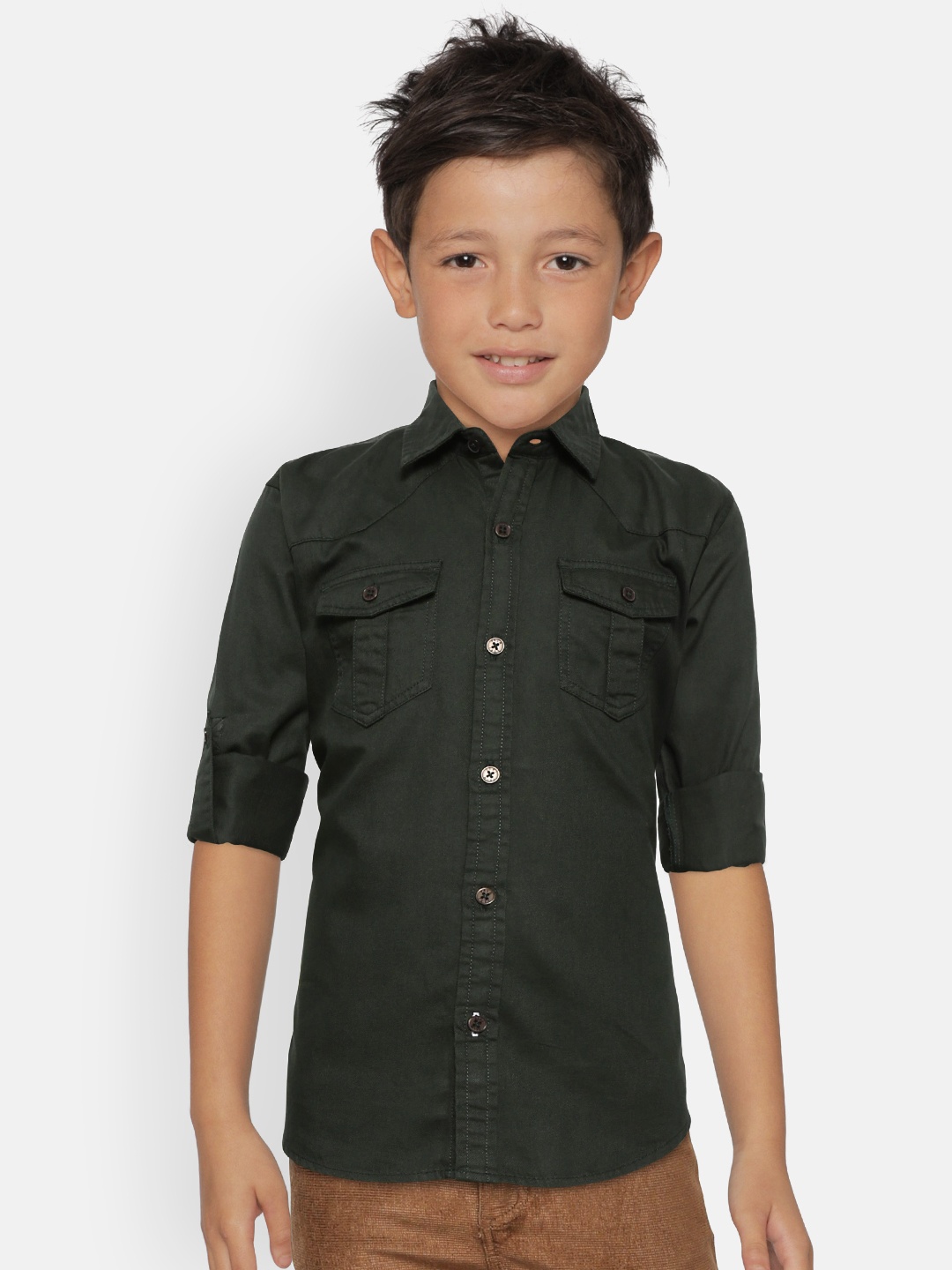 

Palm Tree Boys Olive Green Regular Fit Solid Casual Shirt