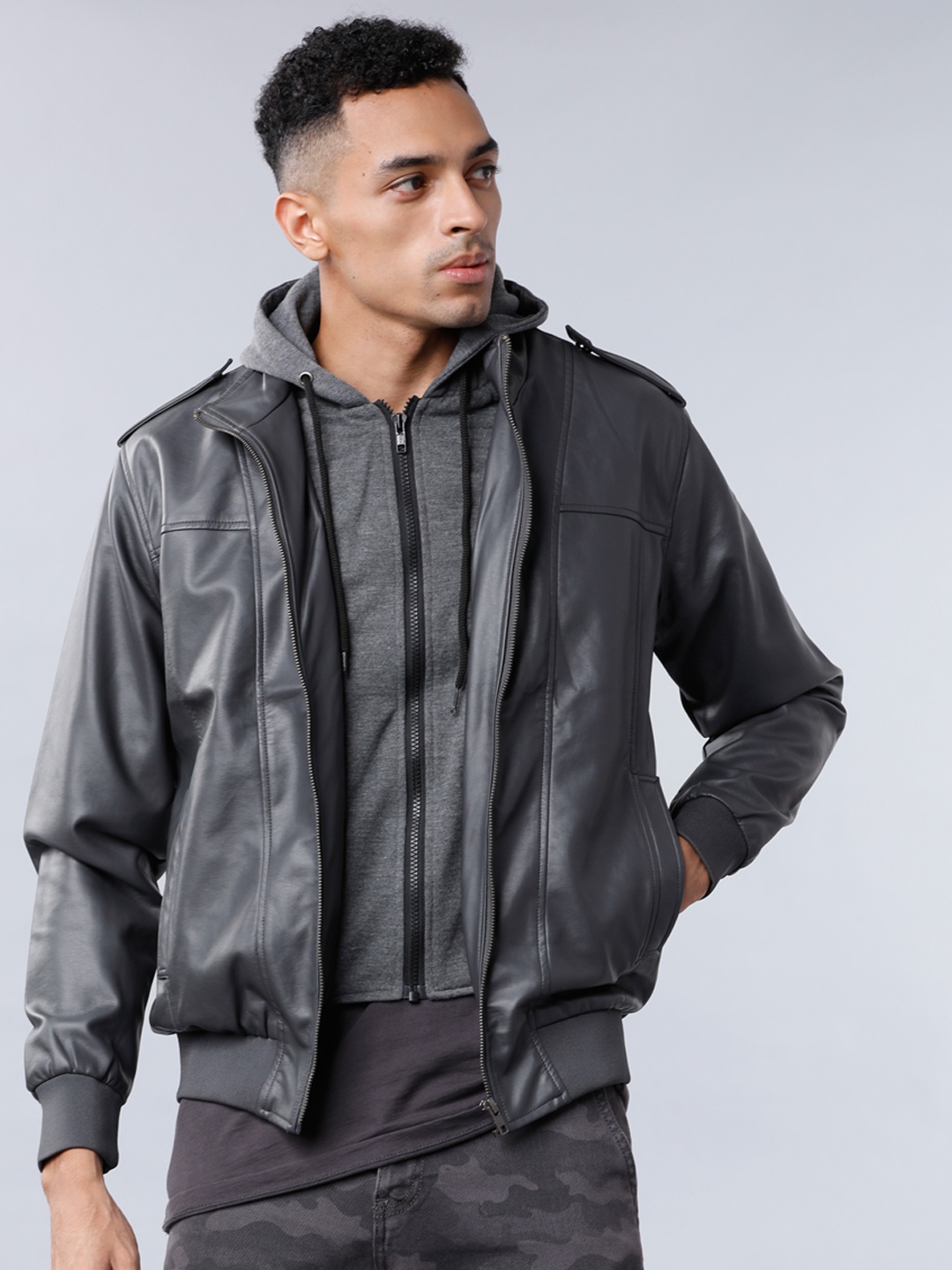 

HIGHLANDER Men Charcoal Black Solid Biker Jacket