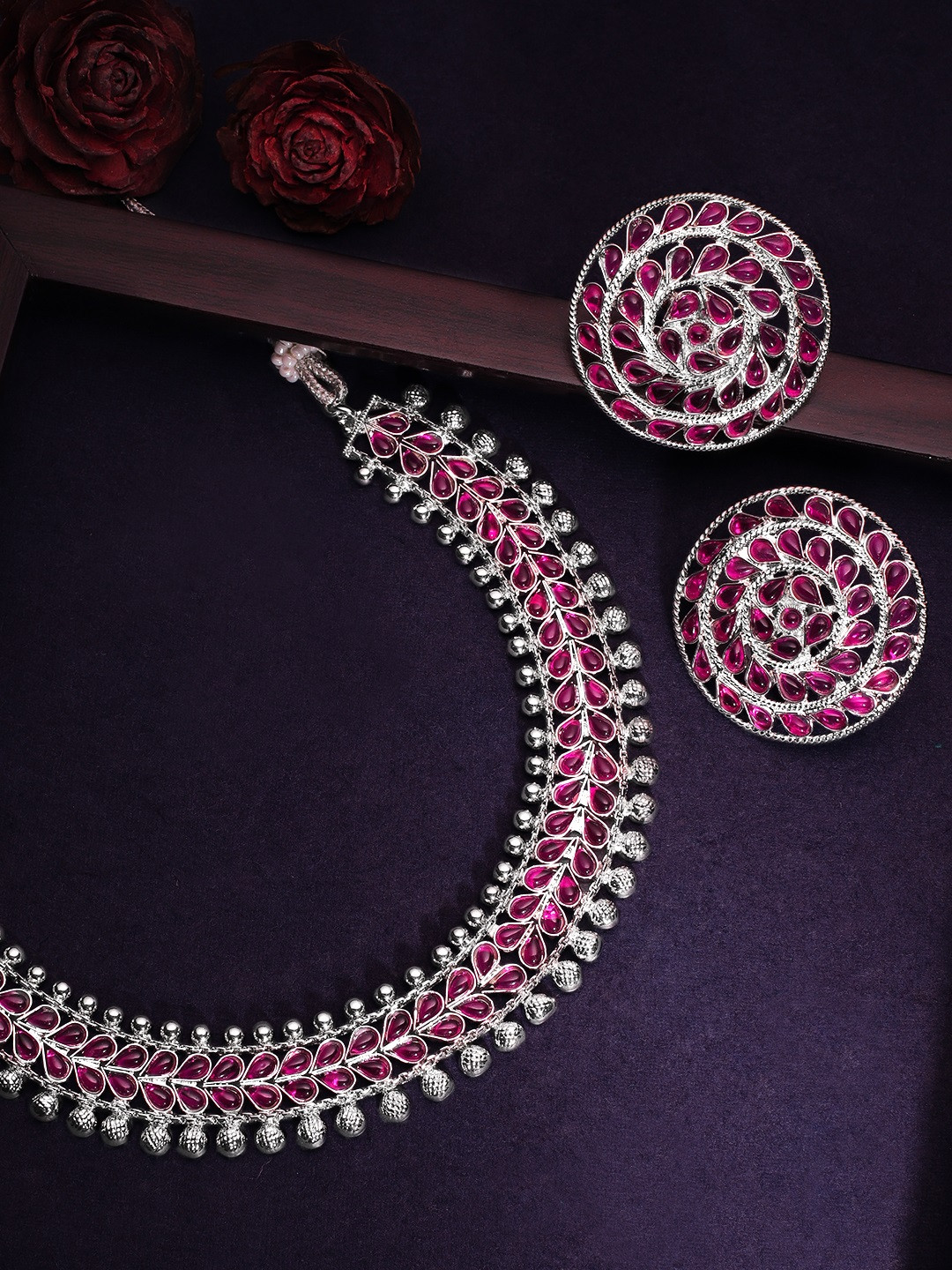 

Rubans Women Silver-Plated & Purple Stone-Studded Handcrafted Jewellery Set
