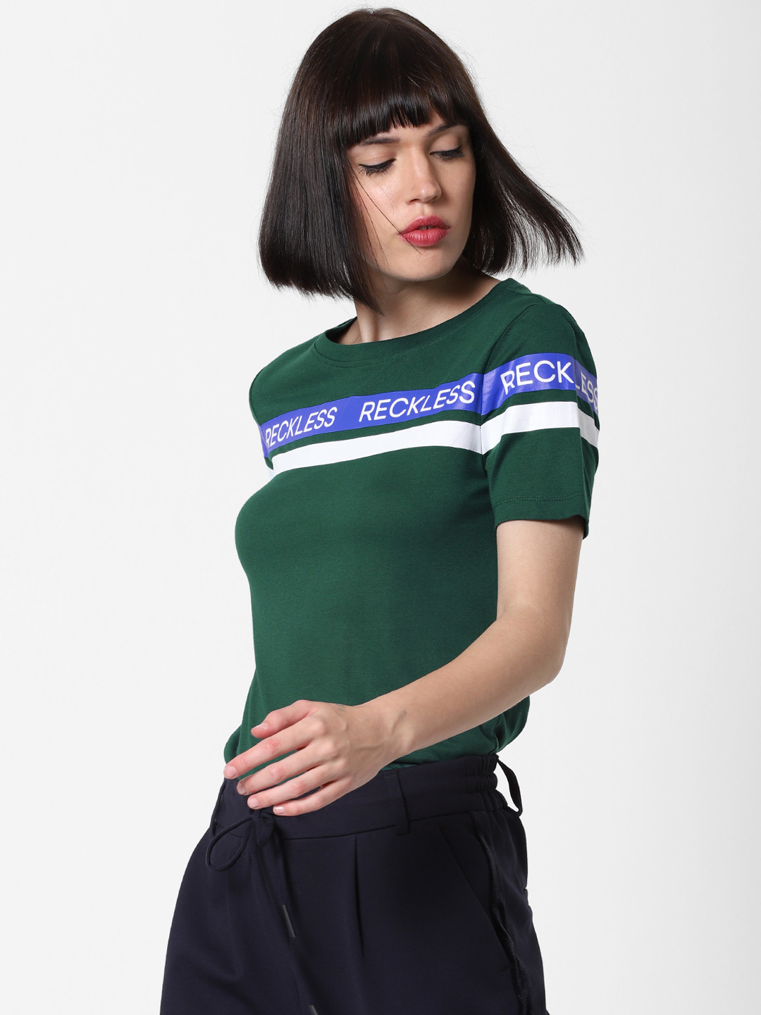 

ONLY Women Green Printed Round Neck T-shirt