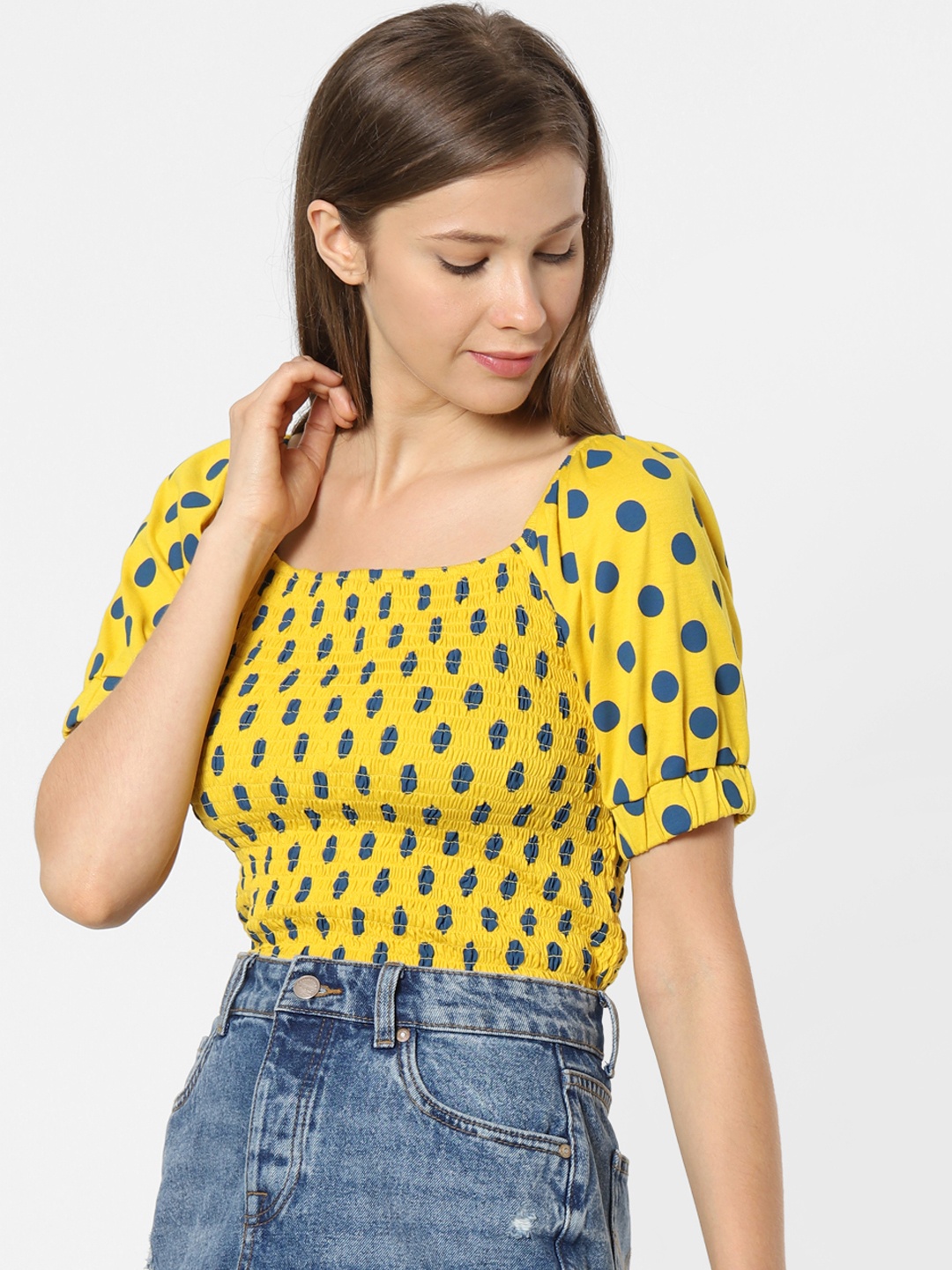 

ONLY Women Yellow and Blue Printed Boat Neck T-shirt