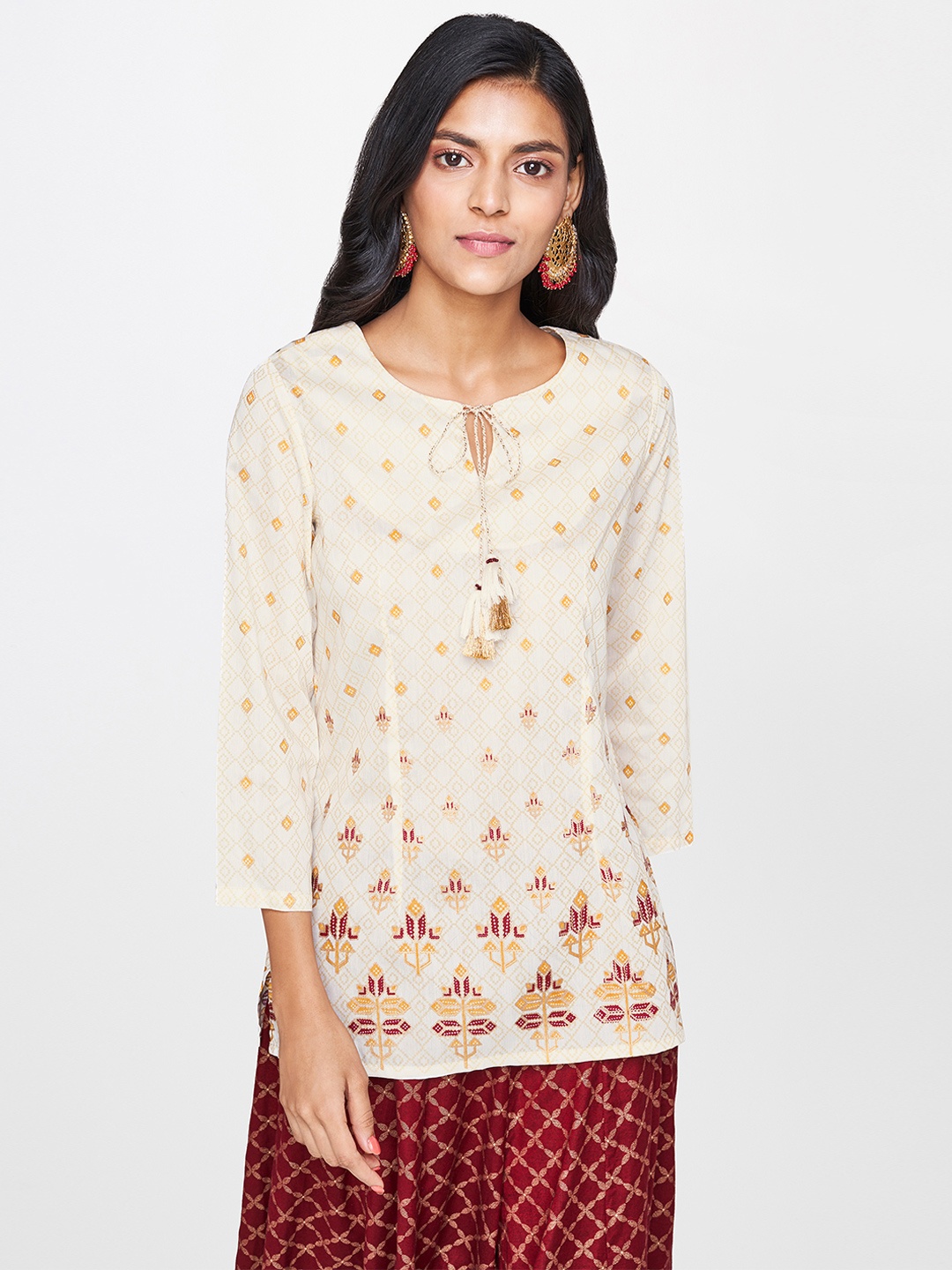 

Global Desi Women Off-White & Mustard yellow Printed Top