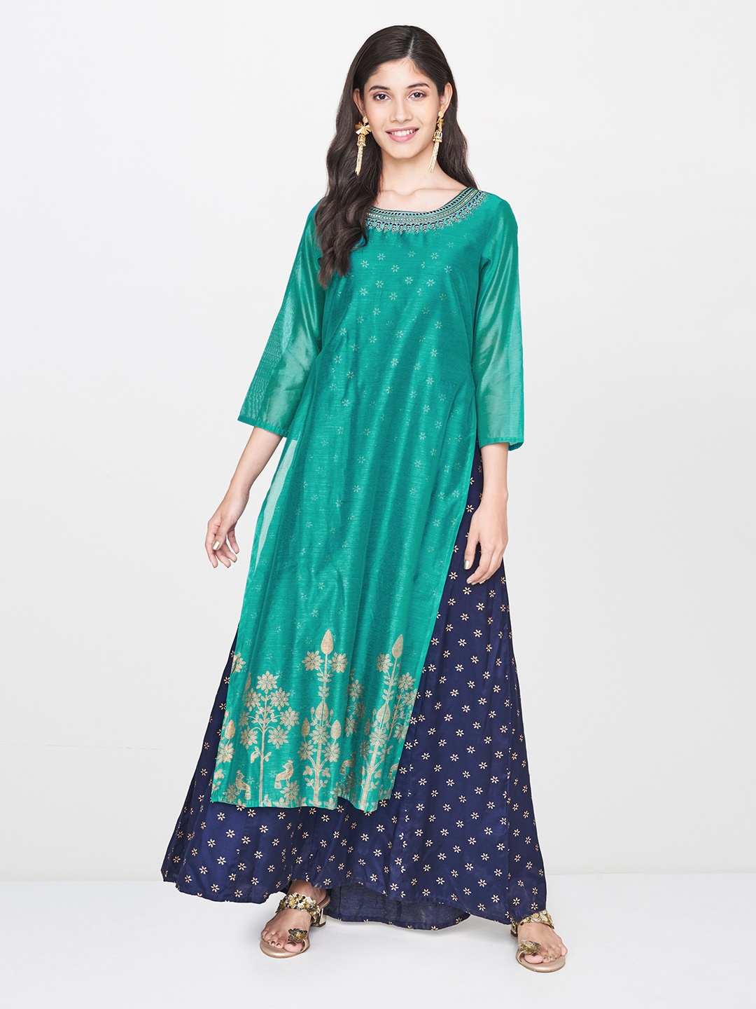 

Global Desi Women Green & Navy Blue Printed Layered Maxi Dress