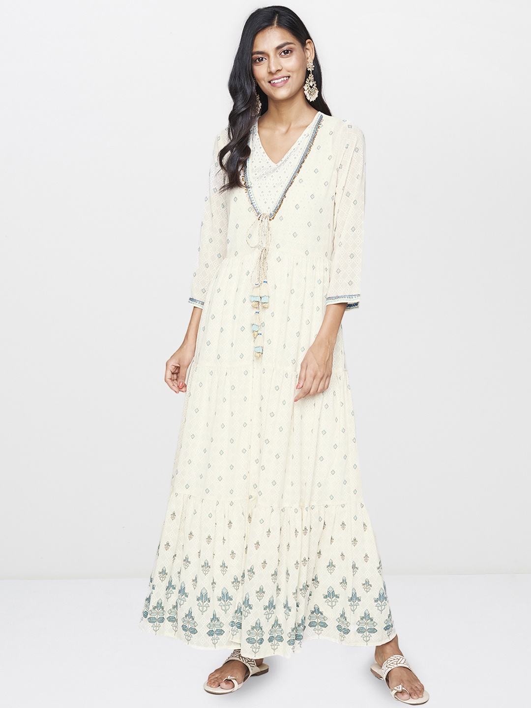 

Global Desi Women Off-White Printed A-Line Layered Kurta