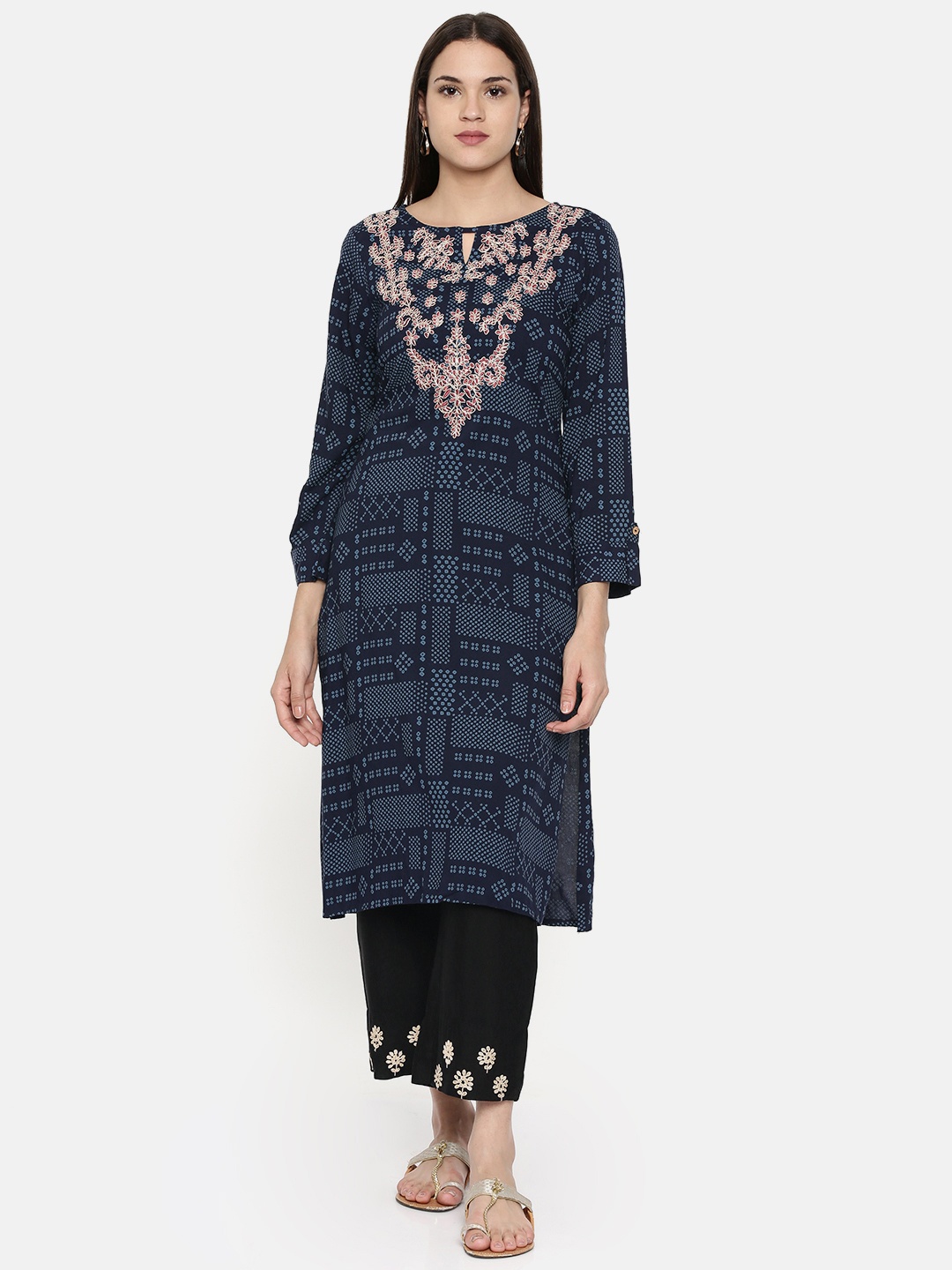 

Global Desi Women Navy Blue Embroidered Straight Kurta