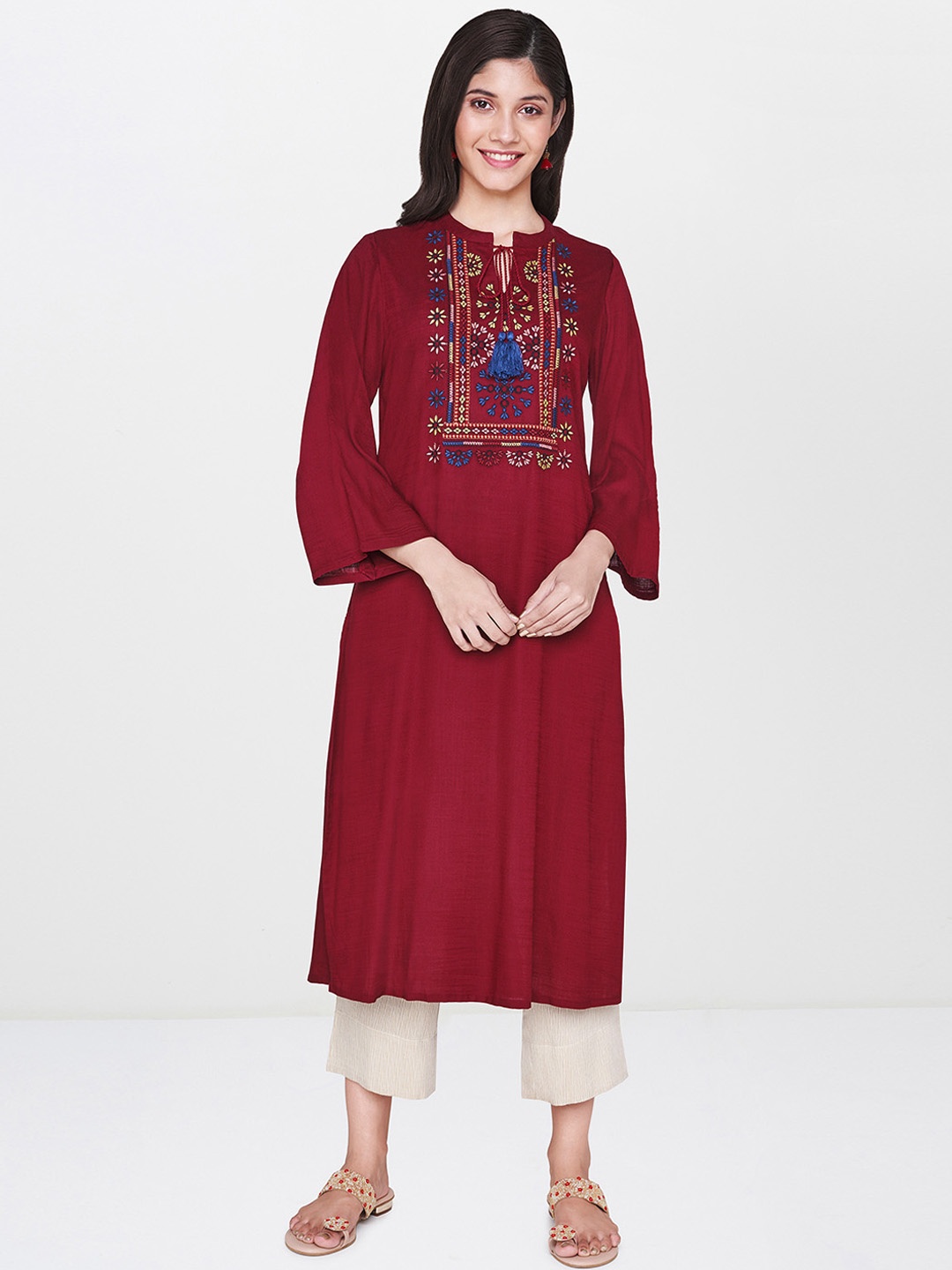 

Global Desi Women Maroon Yoke Design A-Line Kurta