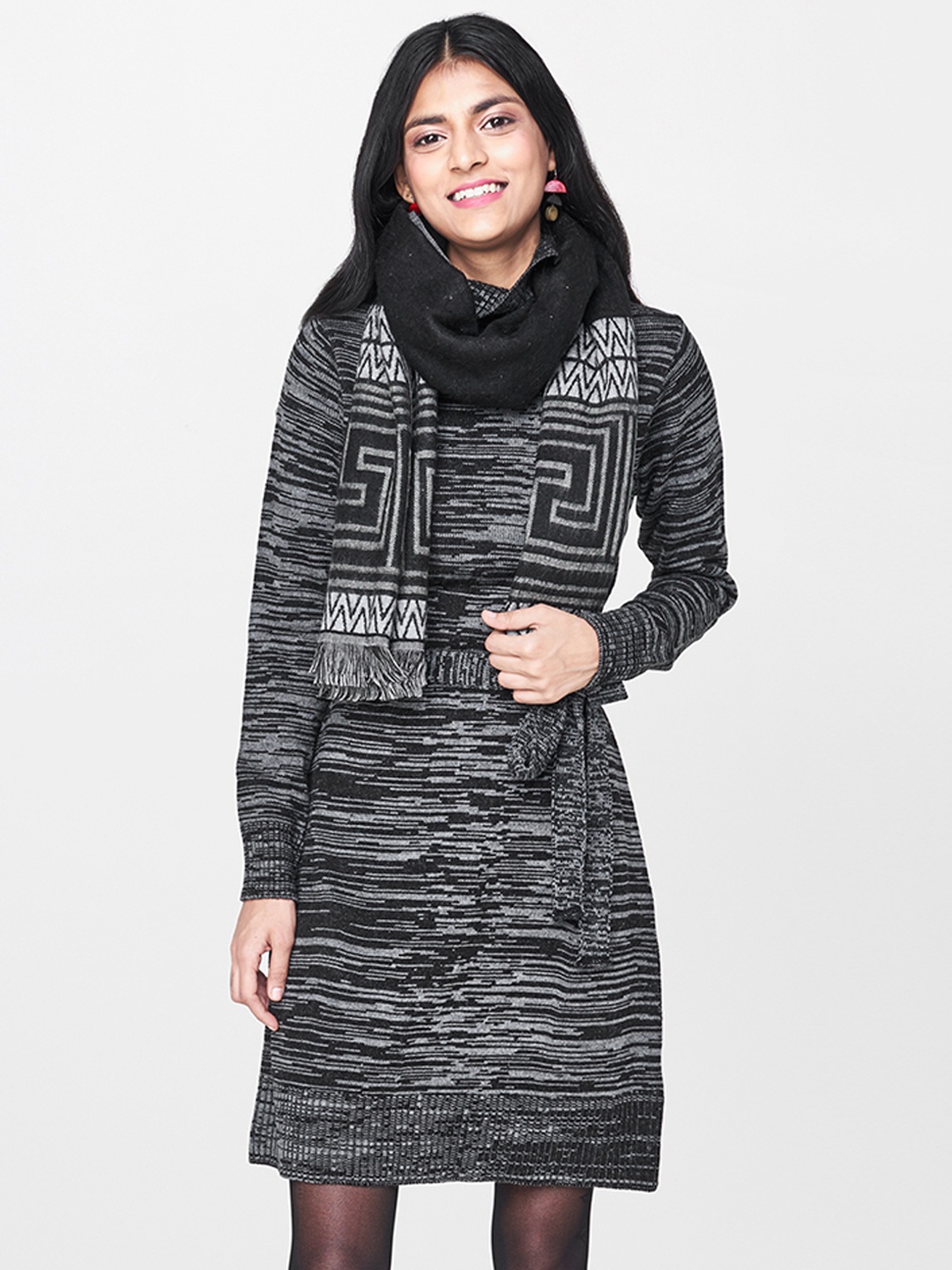 

Global Desi Women Self Design Charcoal Jumper Dress