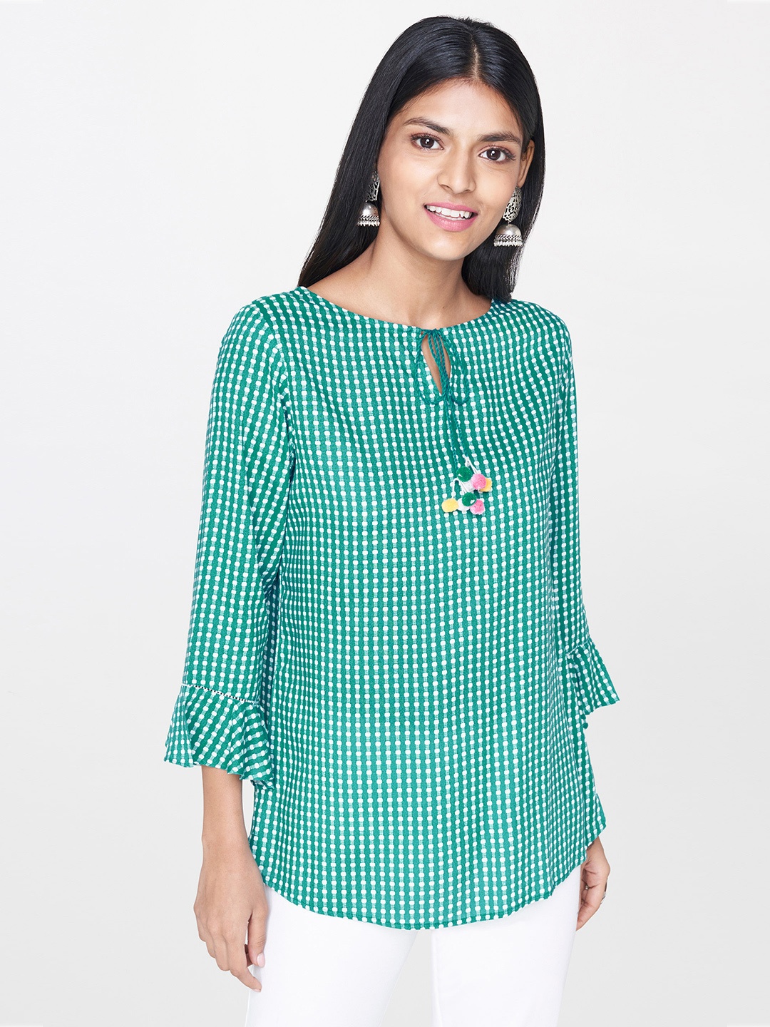 

Global Desi Women Teal & White Printed Top