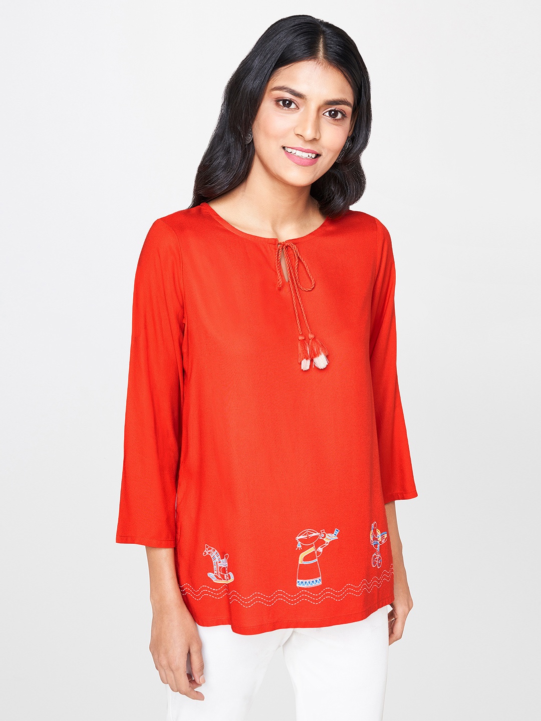 

Global Desi Women Orange Rust Printed Top