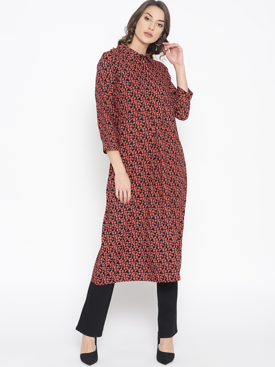 

Global Desi Women Rust Orange & Black Printed Straight Kurta