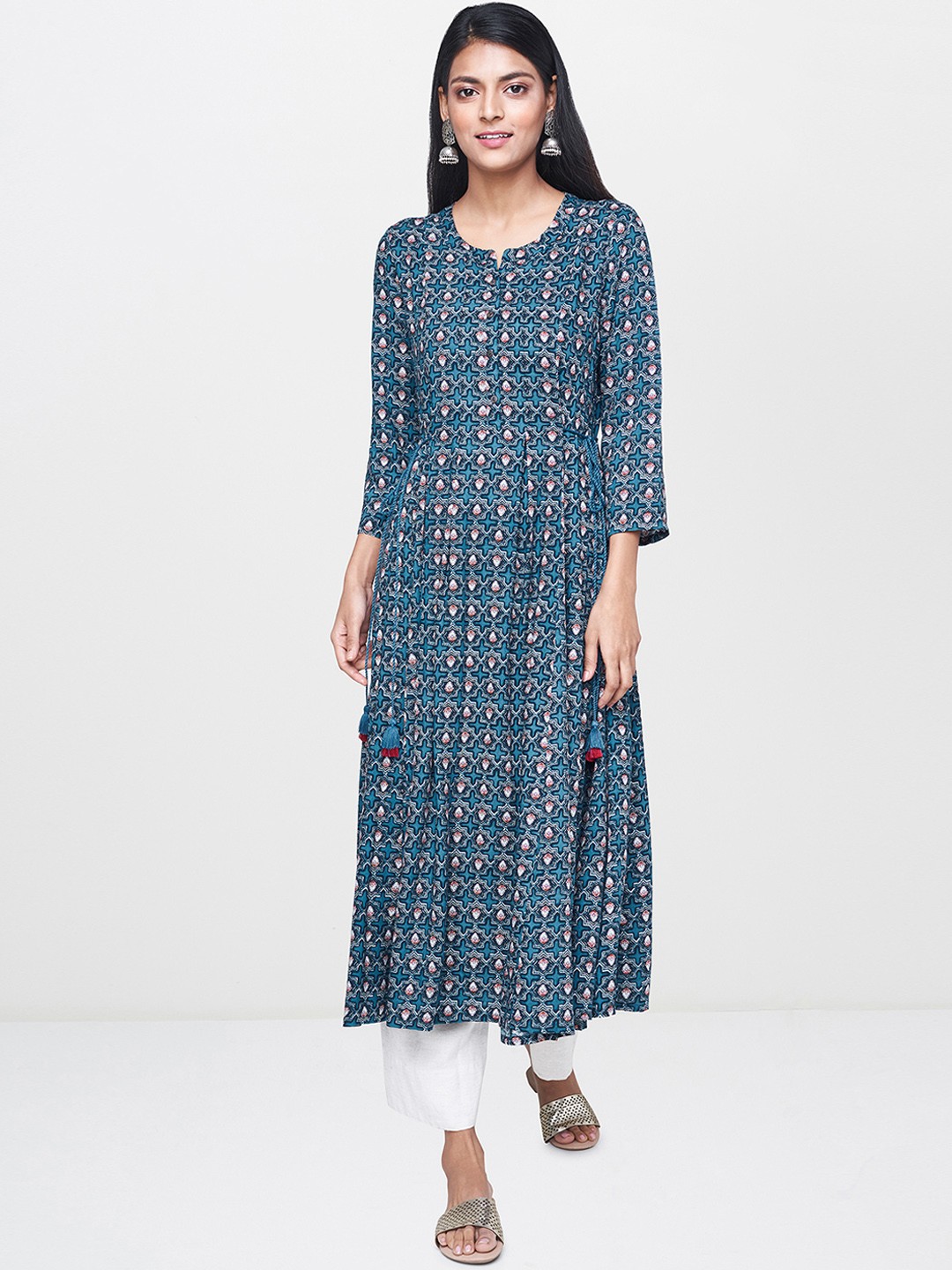 

Global Desi Women Blue & White Printed A-Line Kurta