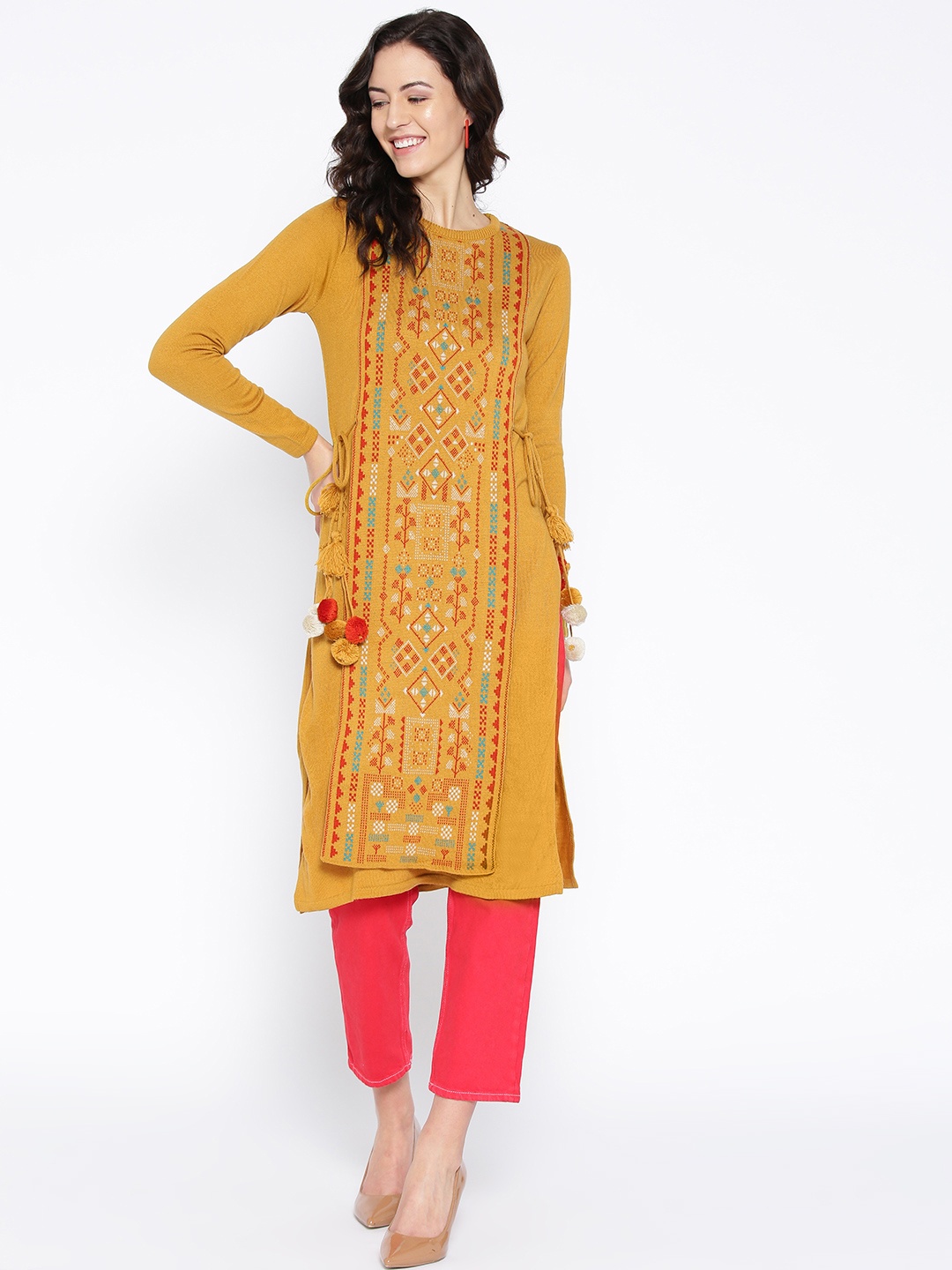 

Global Desi Women Mustard Yellow & Red Woven Design Layered Straight Winter Kurta